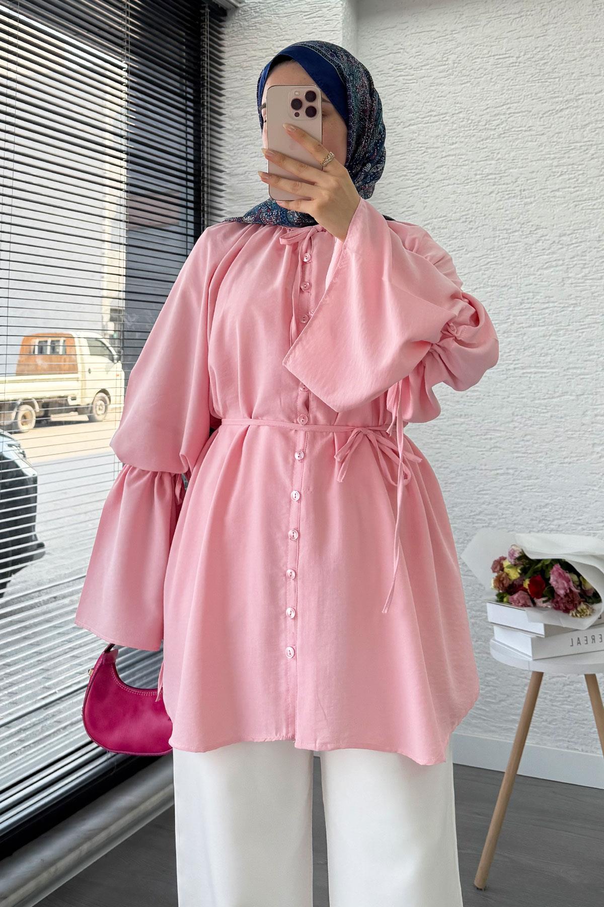 Volan Kol Tam Düğmeli Urla Tunik – Pembe