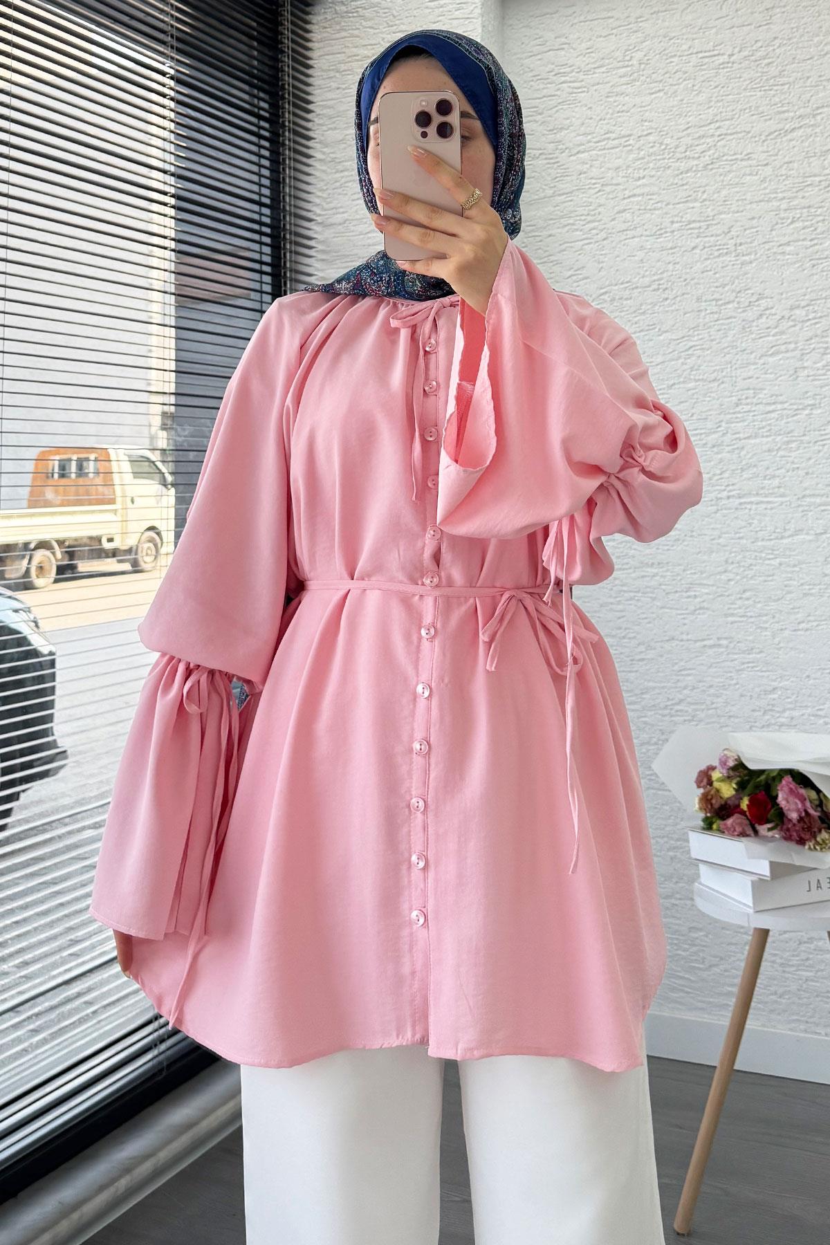 Volan Kol Tam Düğmeli Urla Tunik – Pembe