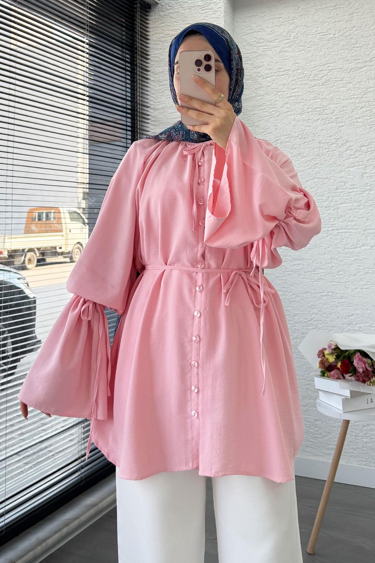 Volan Kol Tam Düğmeli Urla Tunik – Pembe