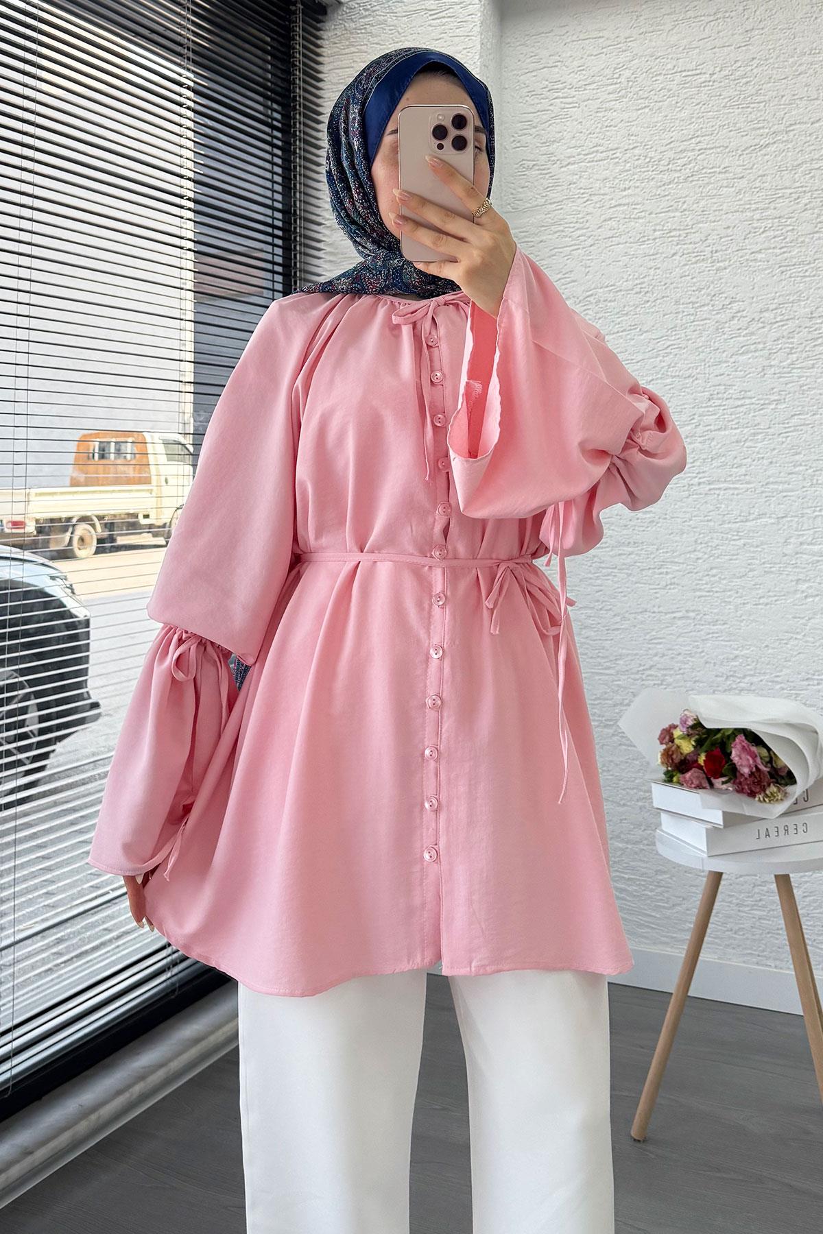 Volan Kol Tam Düğmeli Urla Tunik – Pembe