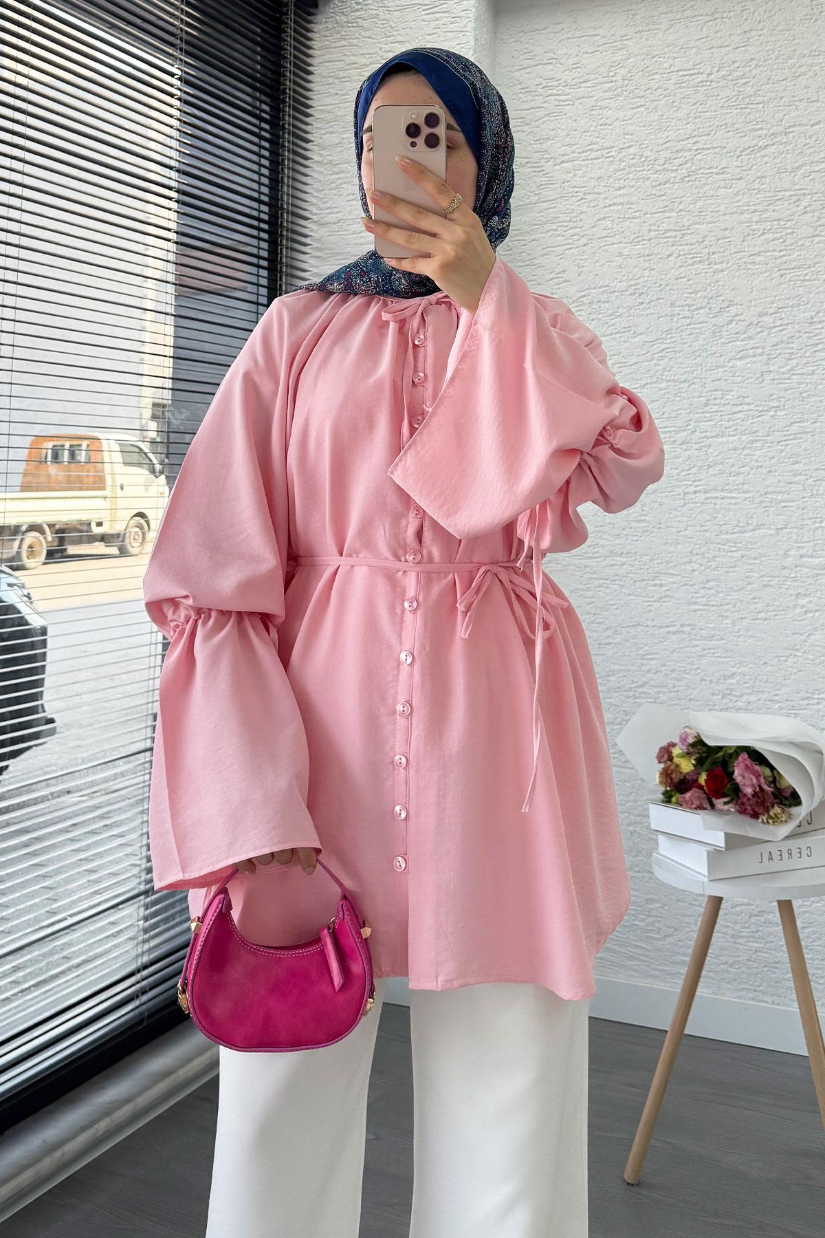 Volan Kol Tam Düğmeli Urla Tunik – Pembe