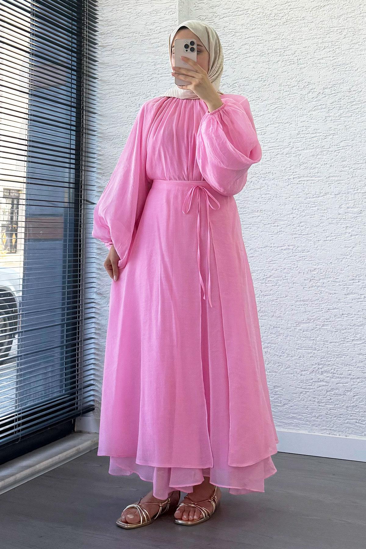 Vuala Bağlamalı Bluz Etek Takım-Pembe
