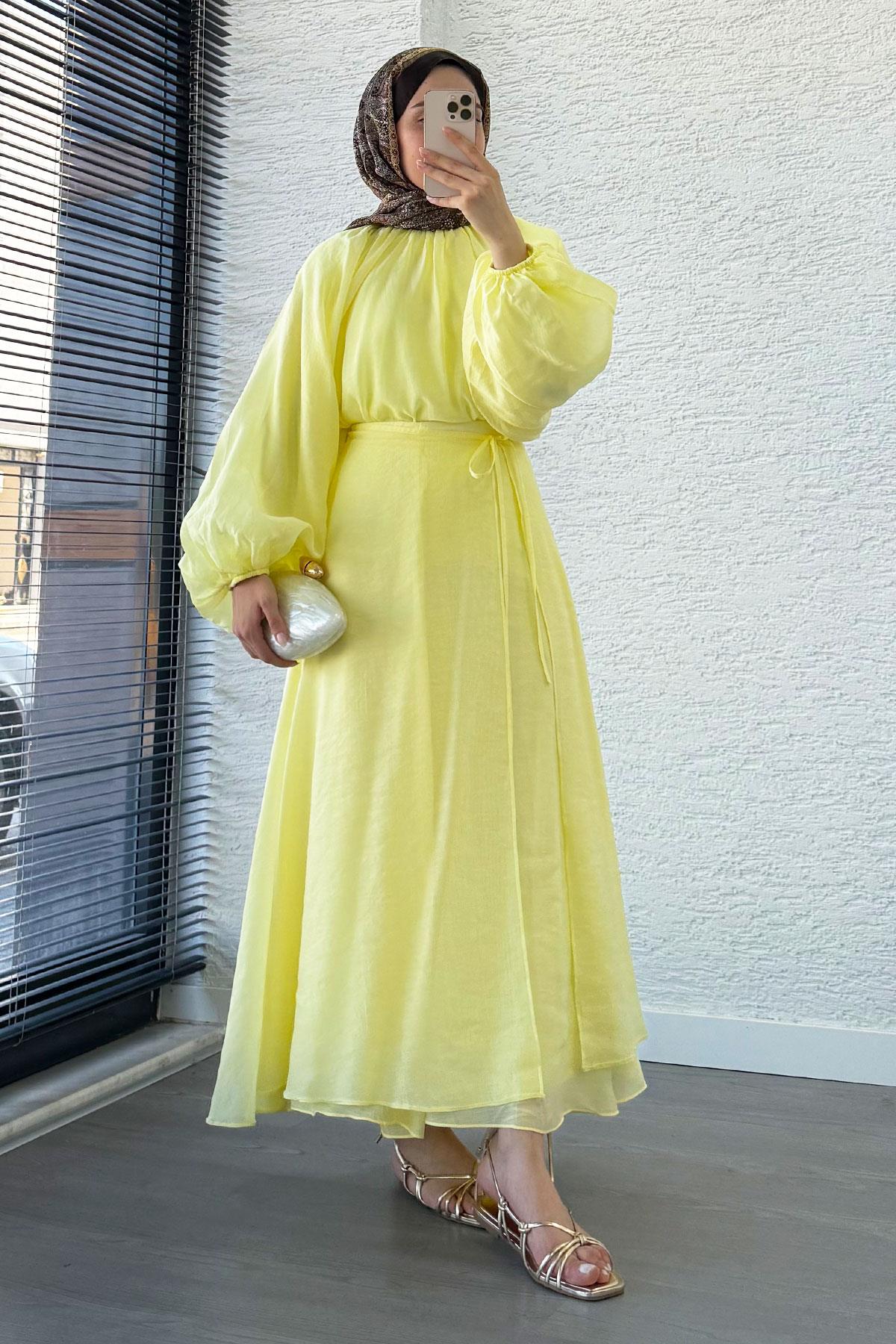 Vuala Bağlamalı Bluz Etek Takım-Sarı