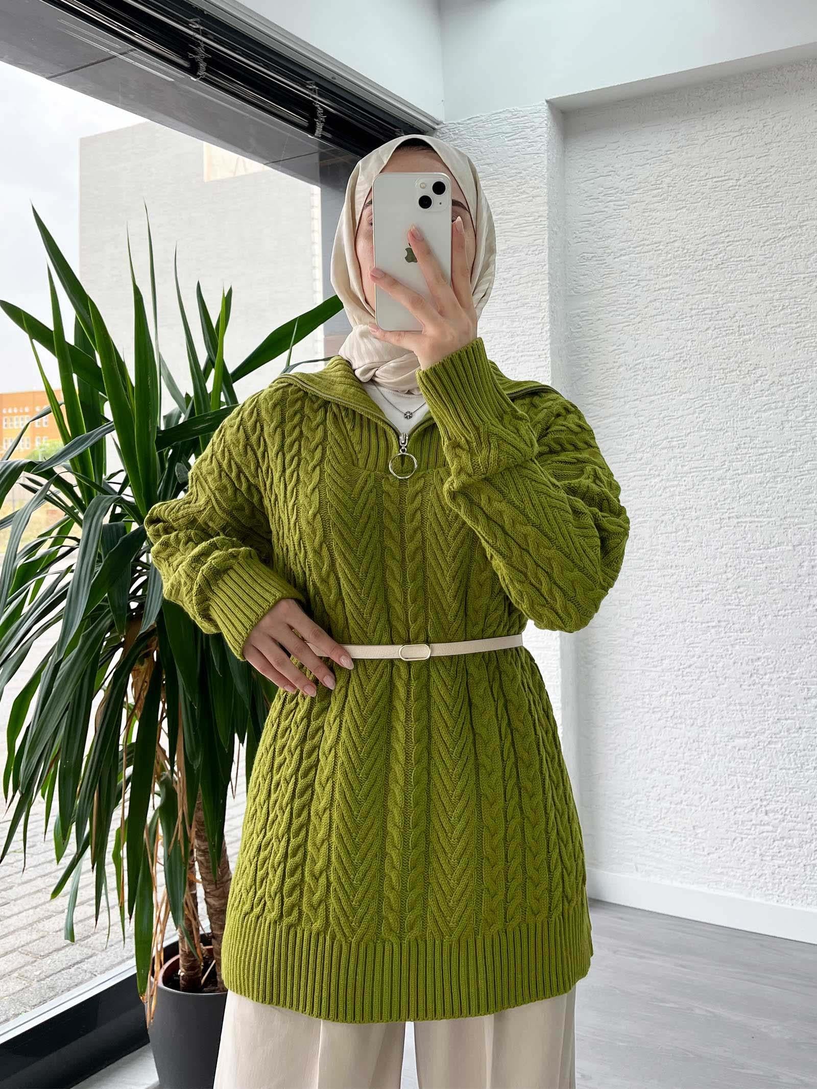 Yağ Yeşili Örgü Desen Kazak Tunik