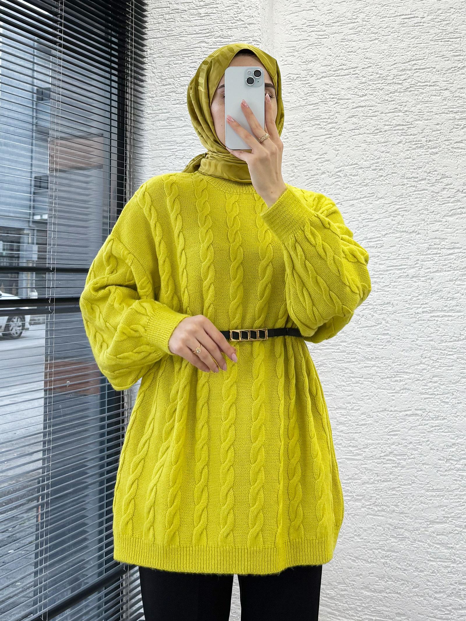 Yağ Yeşili Örgü Desenli Oversize Kadın Kazak