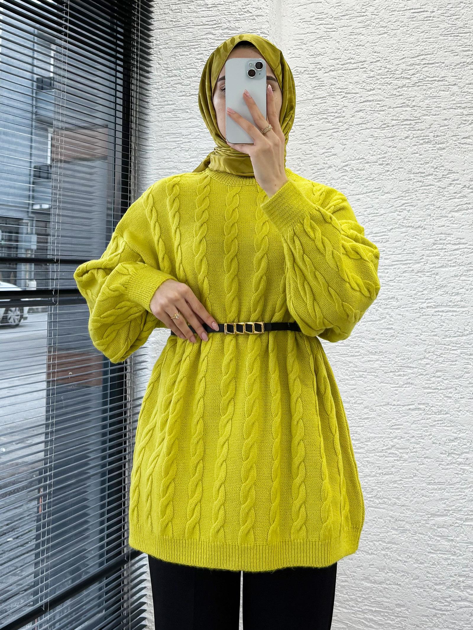 Yağ Yeşili Örgü Desenli Oversize Kadın Kazak