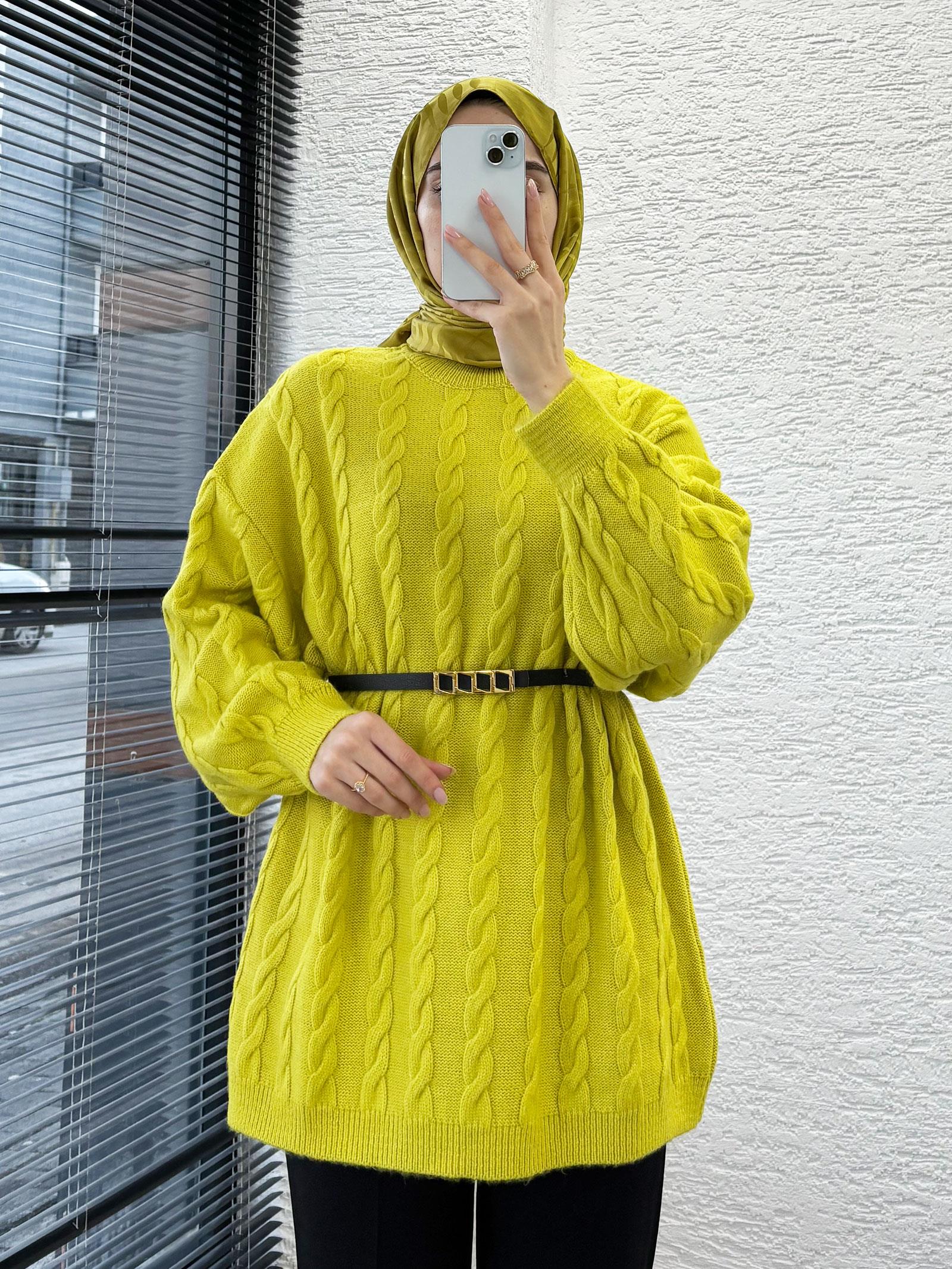 Yağ Yeşili Örgü Desenli Oversize Kadın Kazak