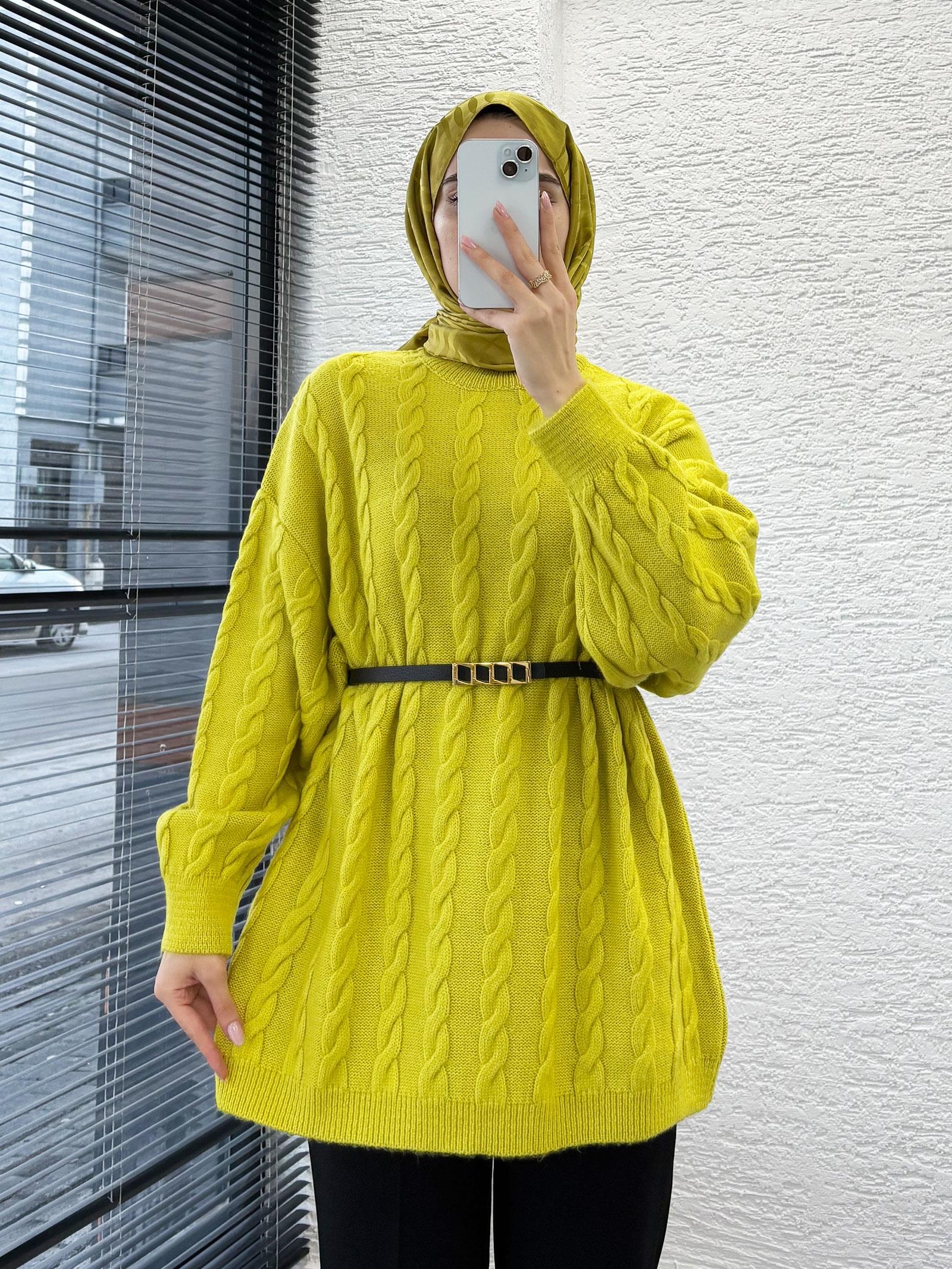 Yağ Yeşili Örgü Desenli Oversize Kadın Kazak