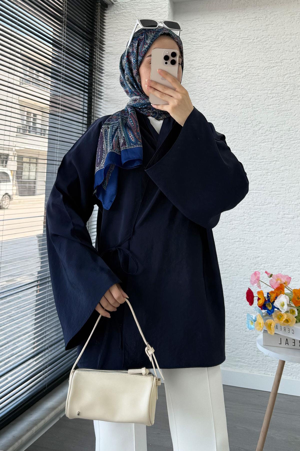 Yaka Pileli Bağlamalı Kimono Tunik – Lacivert