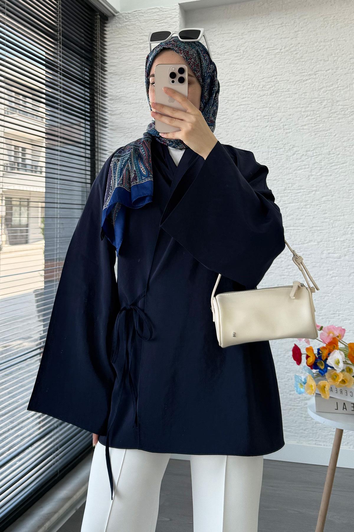 Yaka Pileli Bağlamalı Kimono Tunik – Lacivert