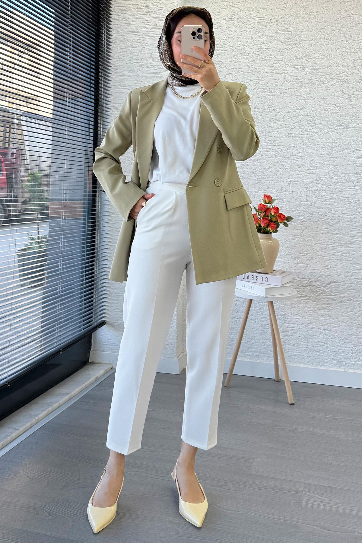 Yan Dikiş Detaylı Slim Fit Kadın Blazer Ceket – Haki