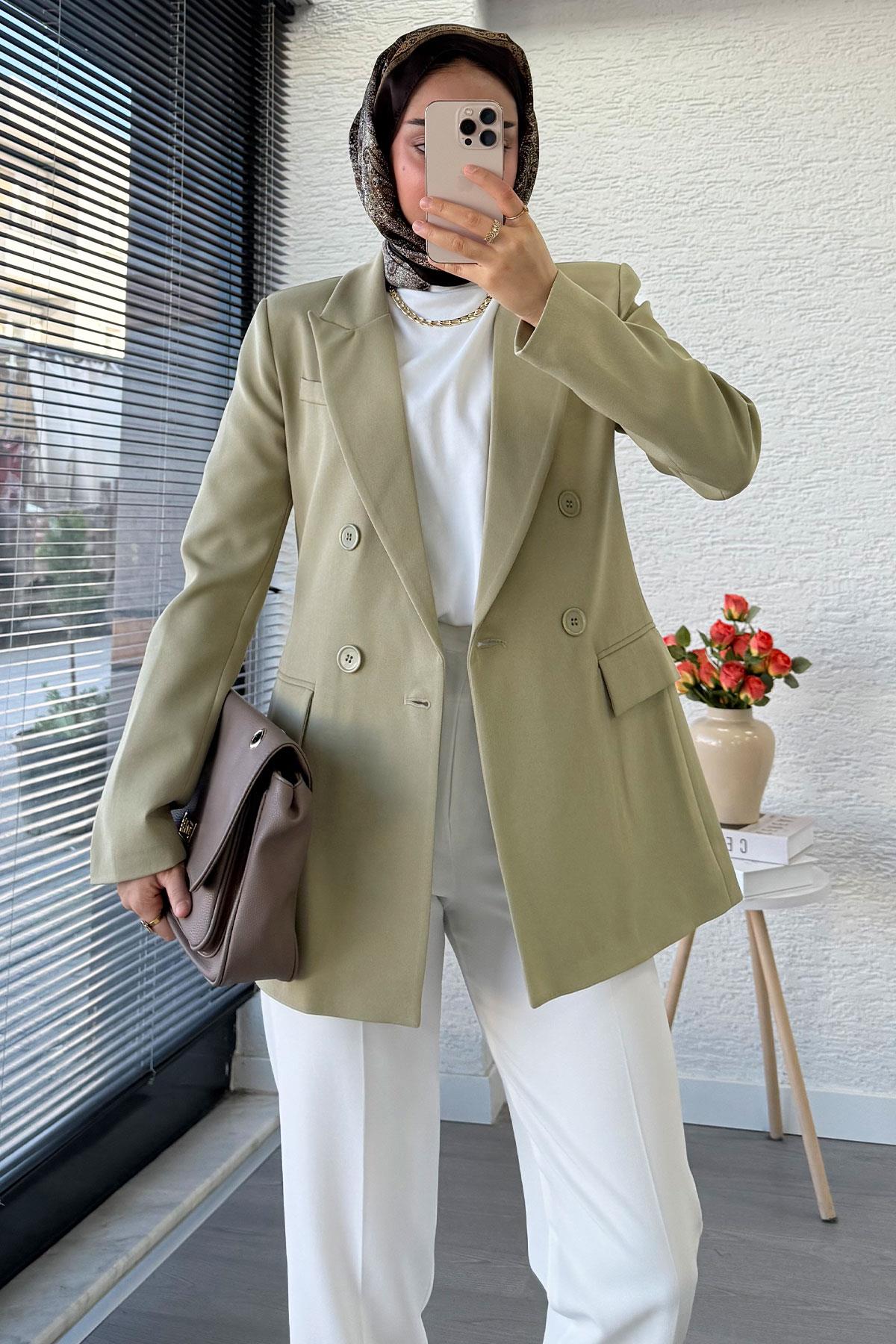 Yan Dikiş Detaylı Slim Fit Kadın Blazer Ceket – Haki