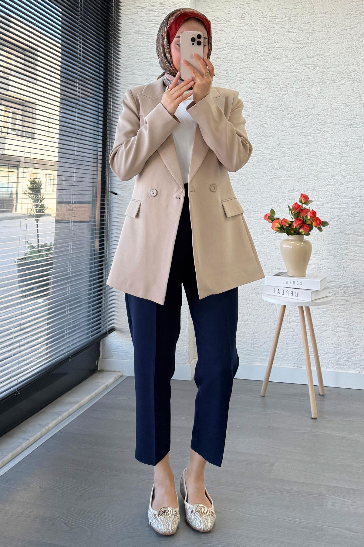 Yan Dikiş Detaylı Slim Fit Kadın Blazer Ceket – Bej