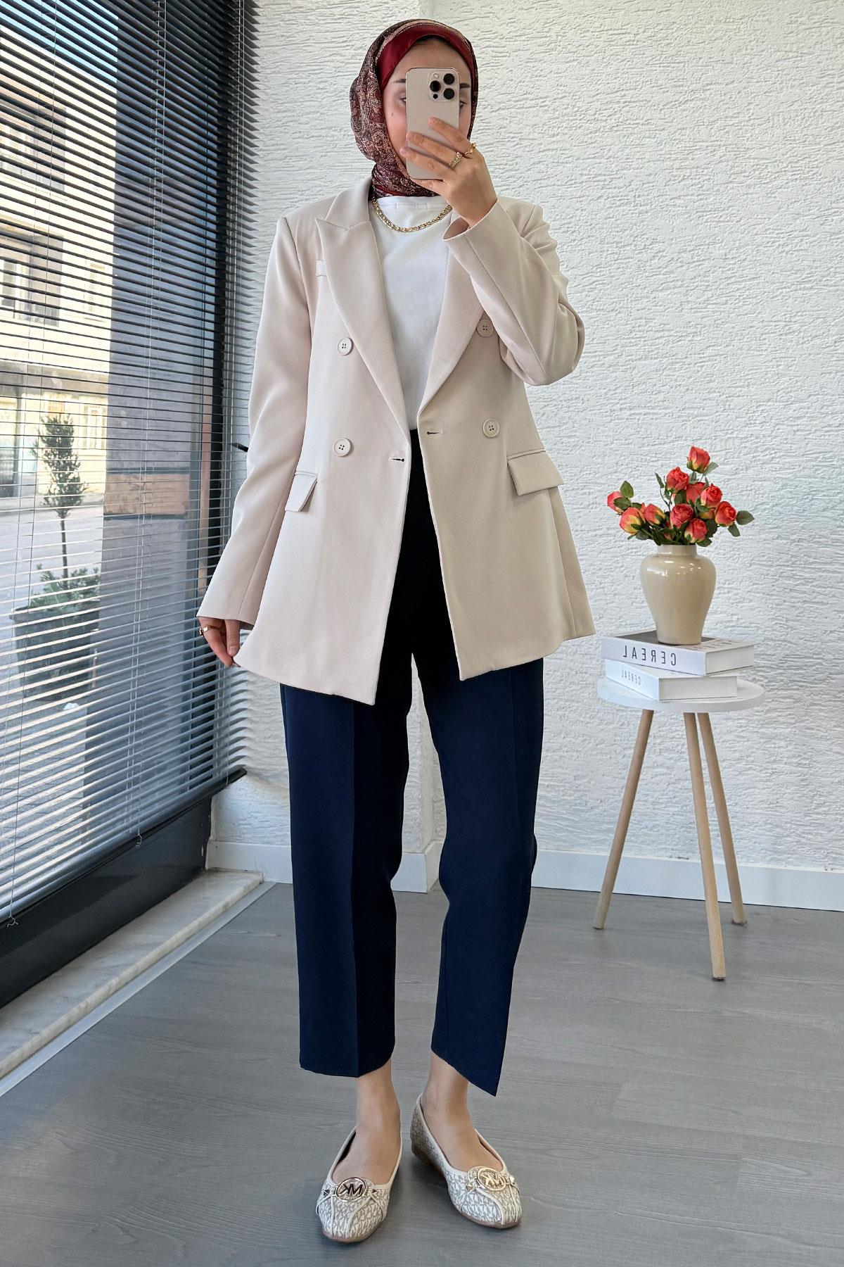 Yan Dikiş Detaylı Slim Fit Kadın Blazer Ceket – Taş