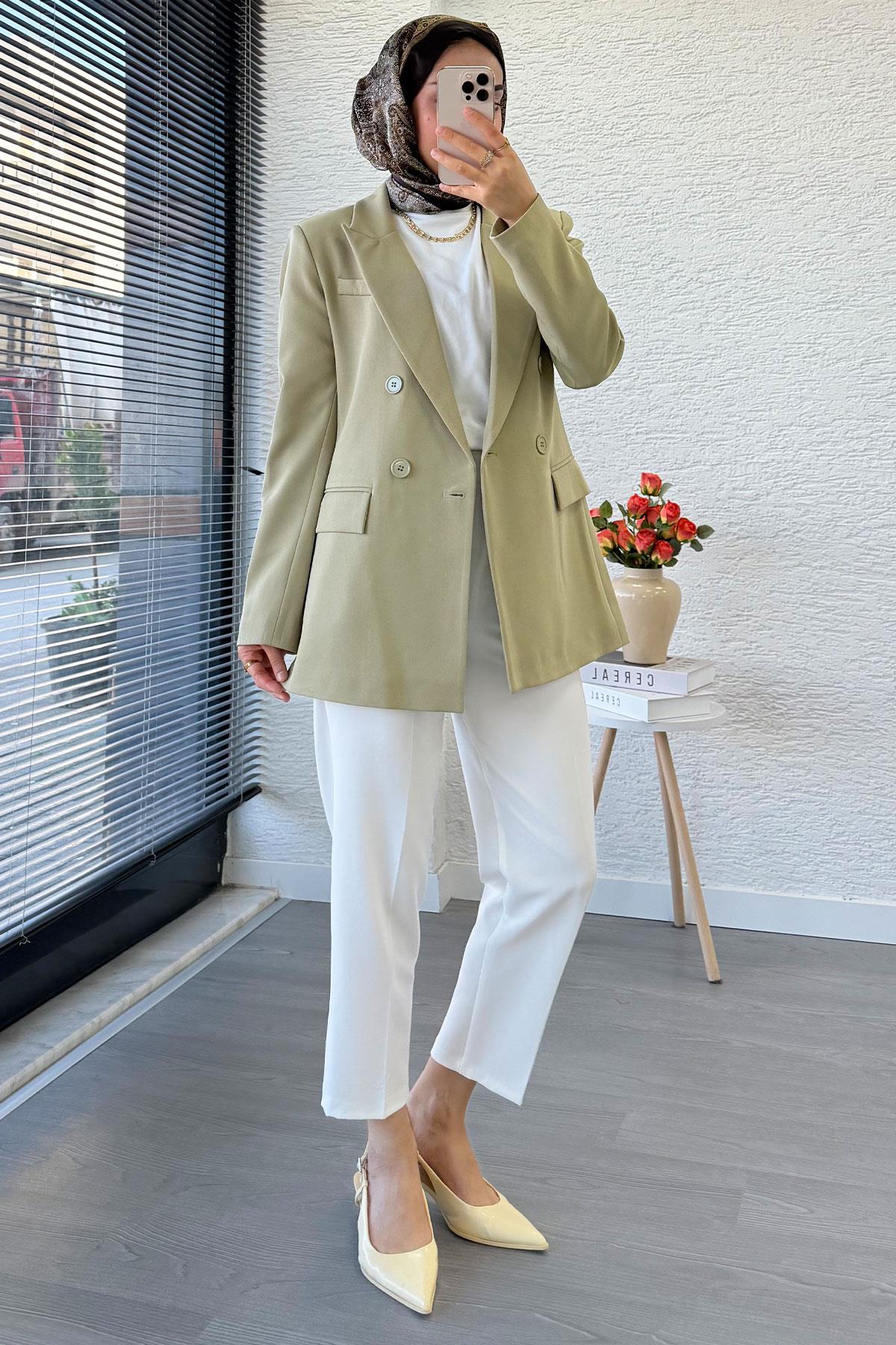 Yan Dikiş Detaylı Slim Fit Kadın Blazer Ceket – Haki