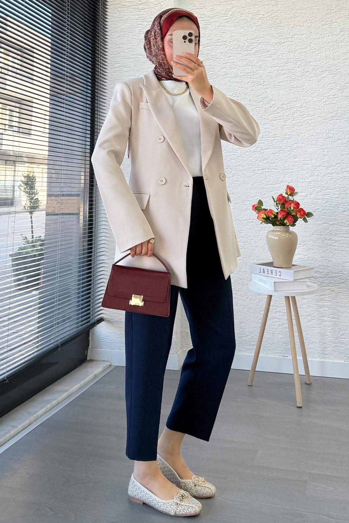 Yan Dikiş Detaylı Slim Fit Kadın Blazer Ceket – Taş
