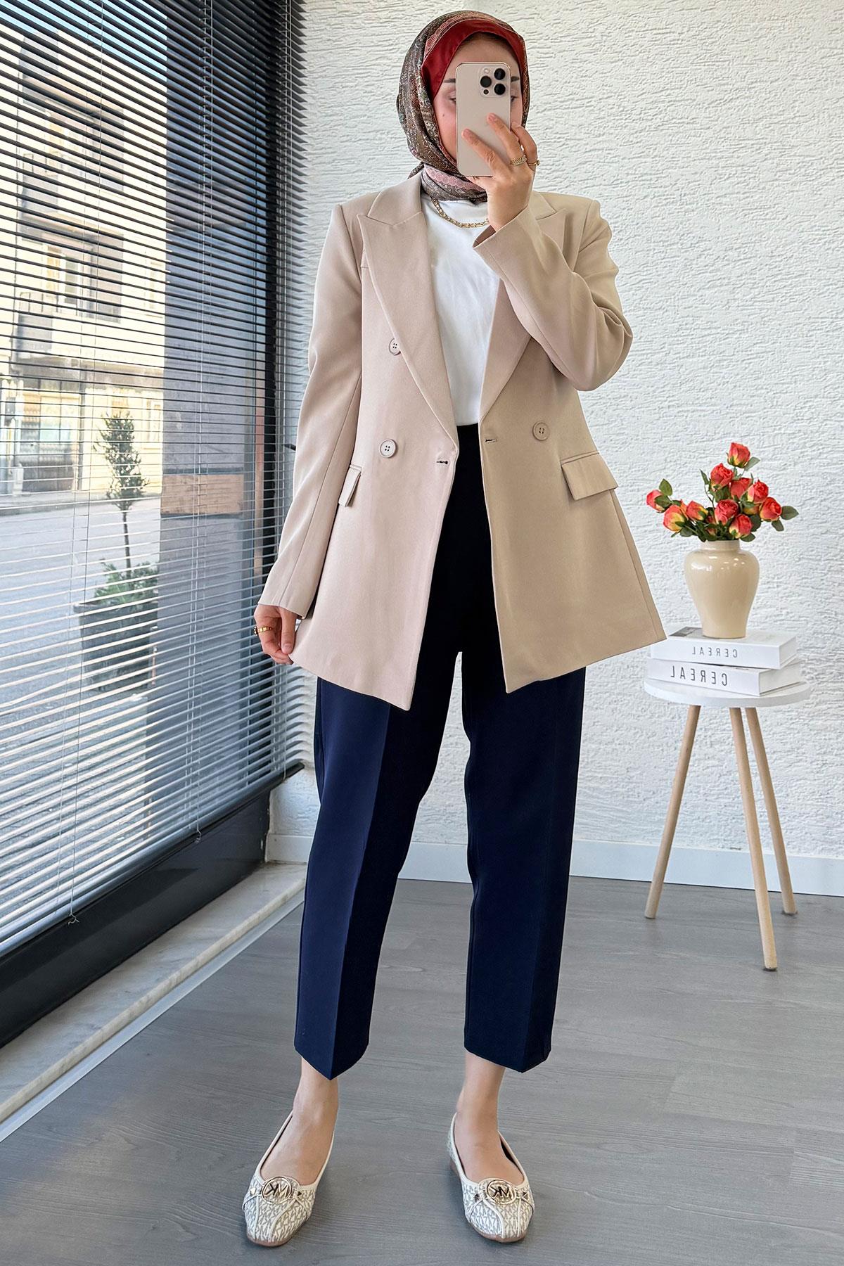 Yan Dikiş Detaylı Slim Fit Kadın Blazer Ceket – Bej