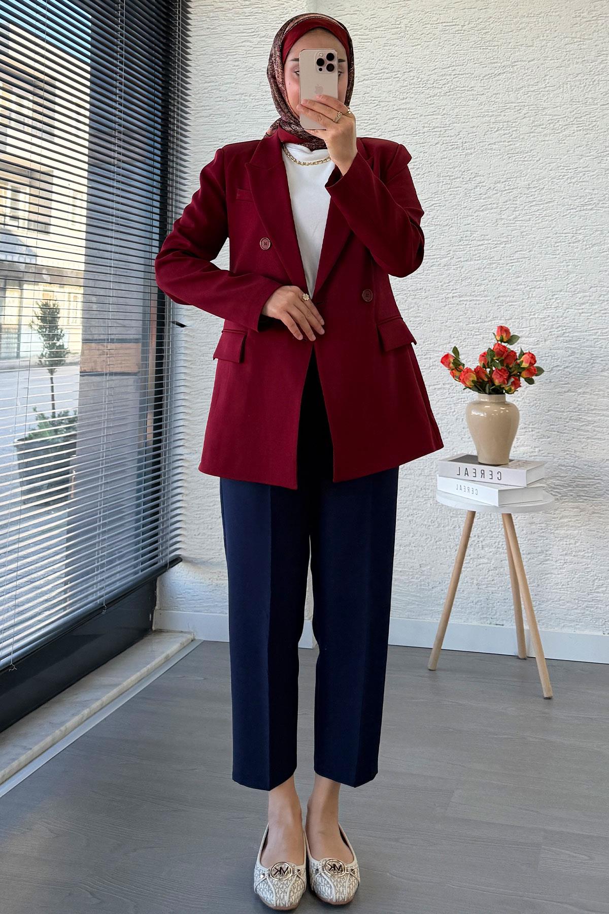 Yan Dikiş Detaylı Slim Fit Kadın Blazer Ceket – Bordo
