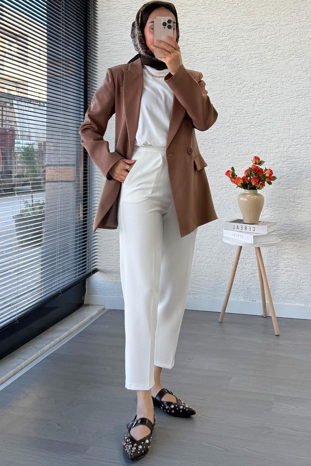 Yan Dikiş Detaylı Slim Fit Kadın Blazer Ceket – Vizon