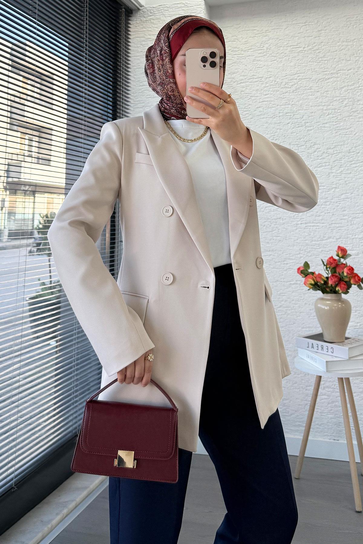 Yan Dikiş Detaylı Slim Fit Kadın Blazer Ceket – Taş