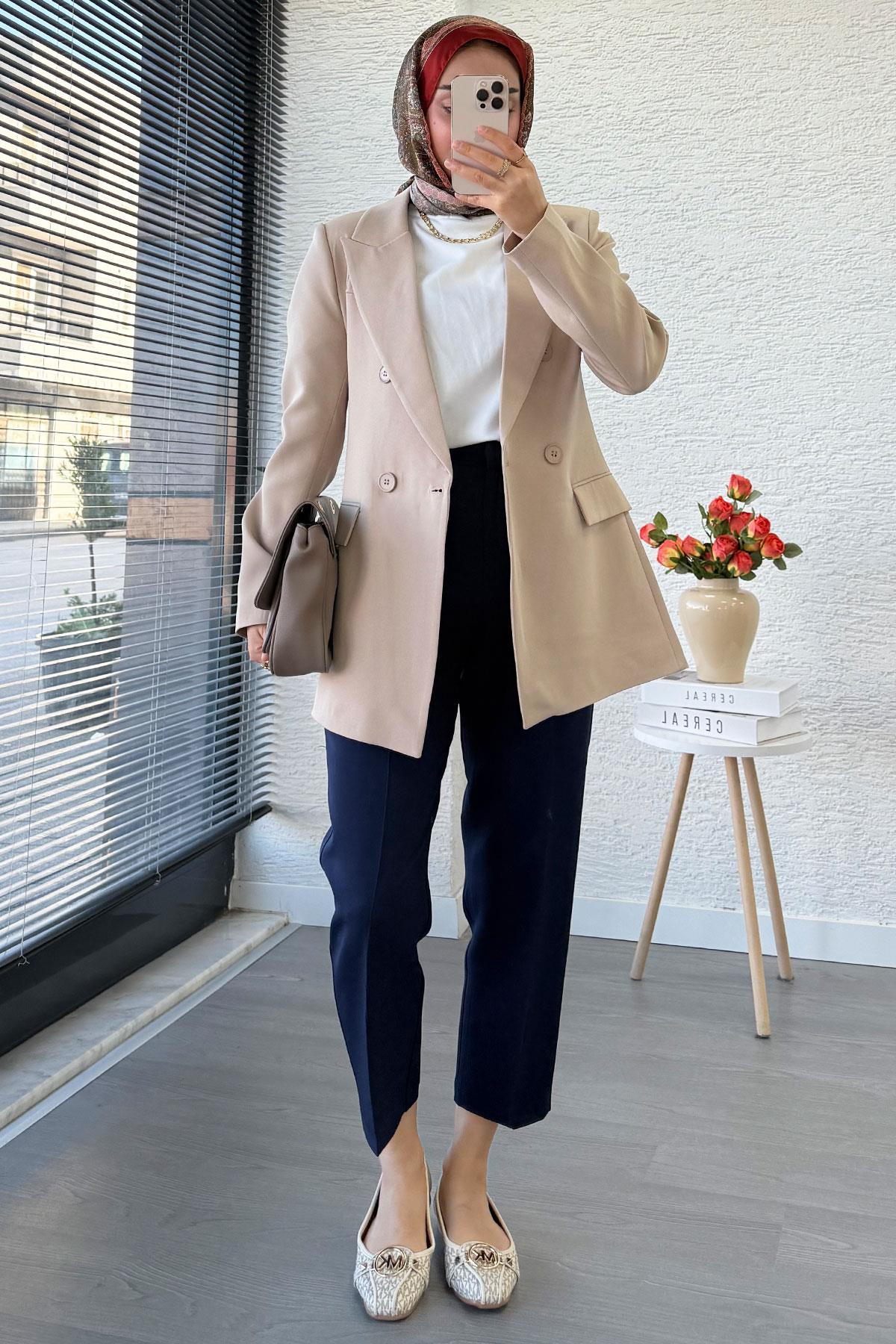 Yan Dikiş Detaylı Slim Fit Kadın Blazer Ceket – Bej