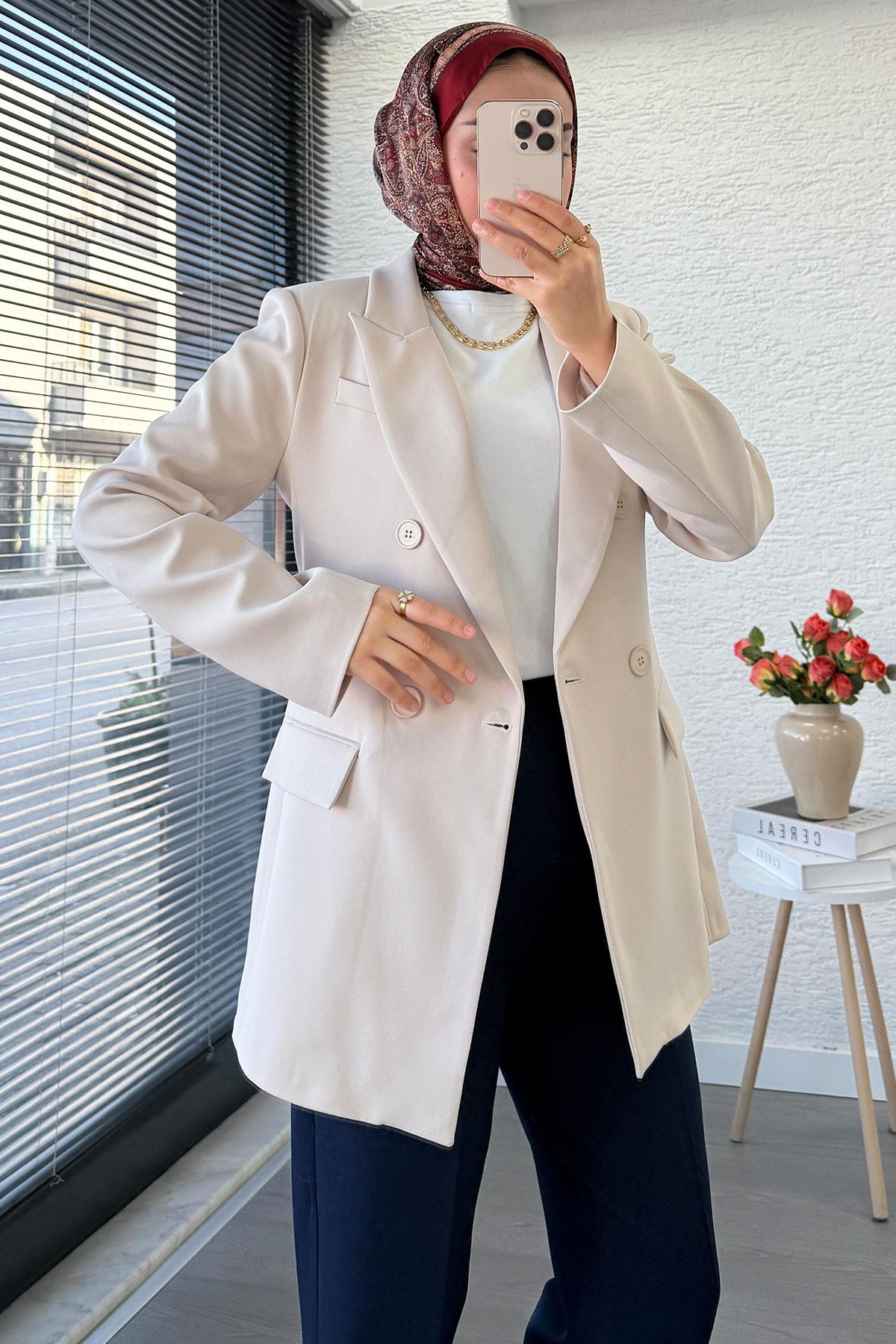 Yan Dikiş Detaylı Slim Fit Kadın Blazer Ceket – Taş