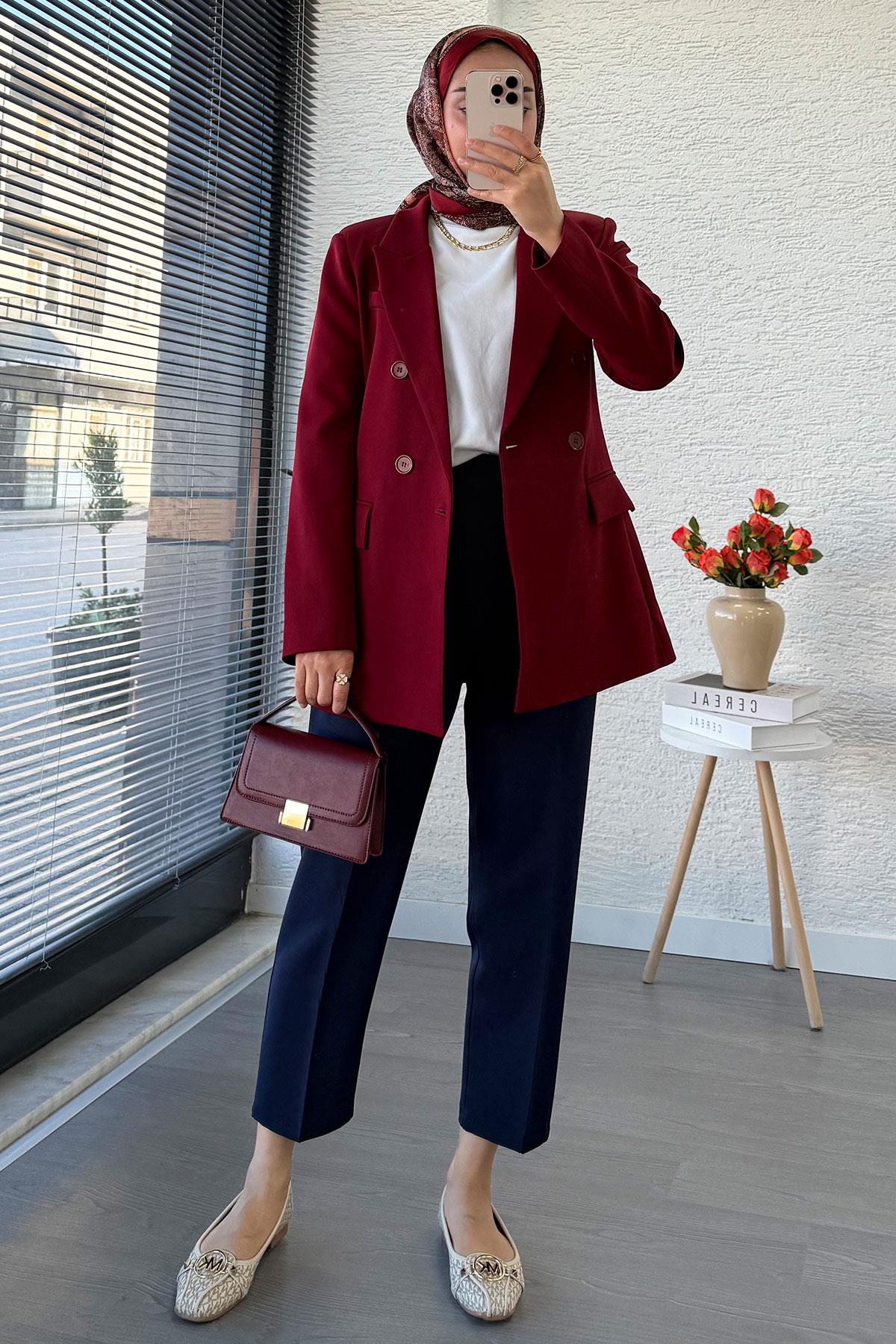 Yan Dikiş Detaylı Slim Fit Kadın Blazer Ceket – Bordo
