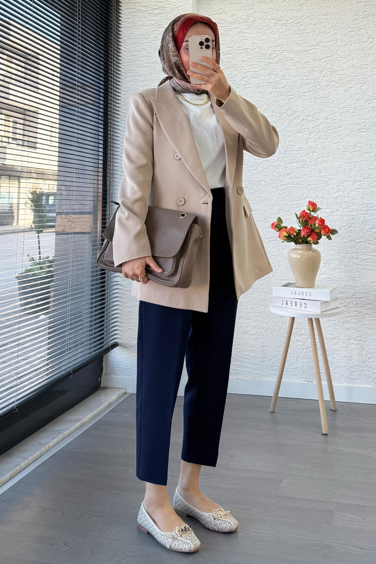 Yan Dikiş Detaylı Slim Fit Kadın Blazer Ceket – Bej