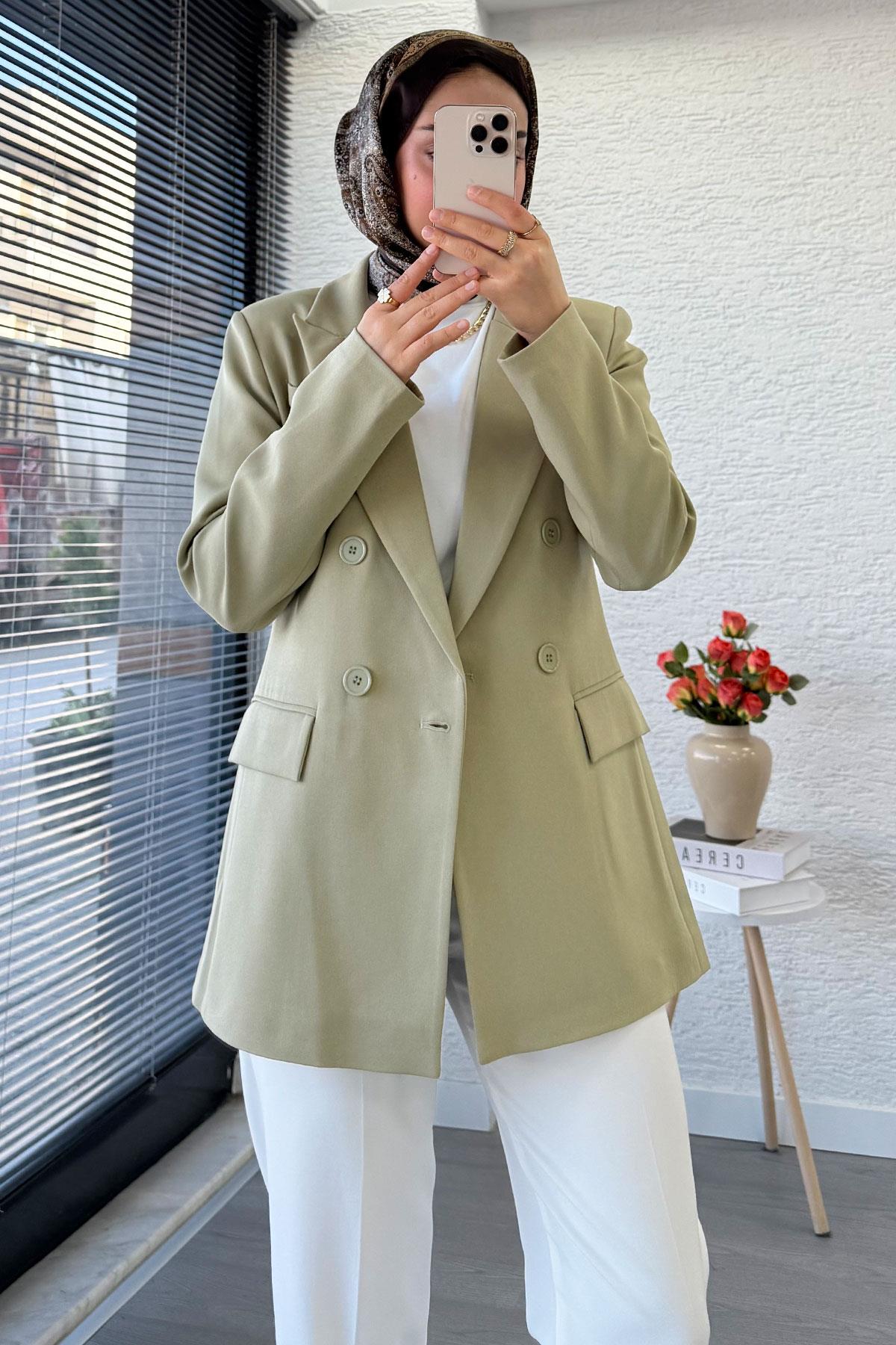Yan Dikiş Detaylı Slim Fit Kadın Blazer Ceket – Haki
