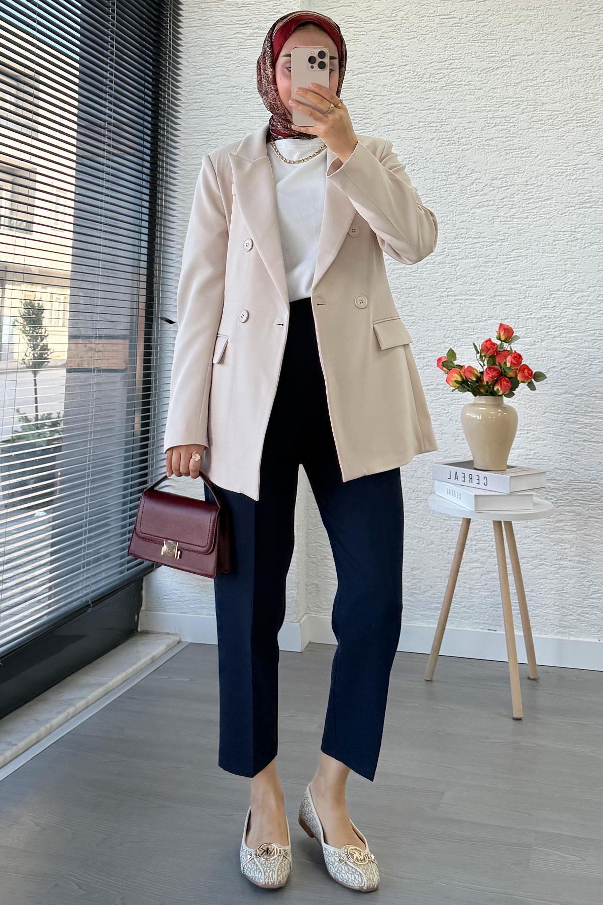 Yan Dikiş Detaylı Slim Fit Kadın Blazer Ceket – Taş