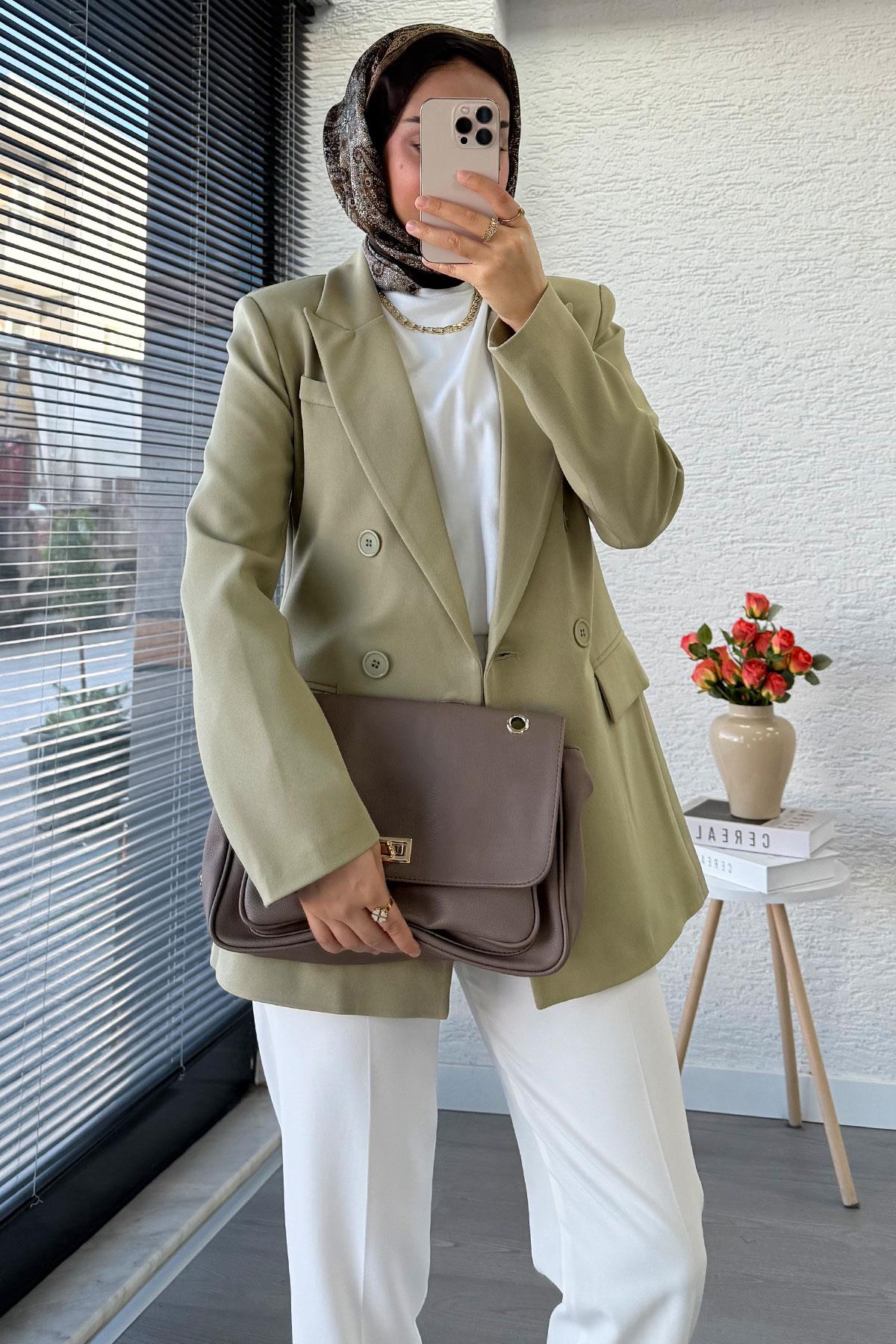Yan Dikiş Detaylı Slim Fit Kadın Blazer Ceket – Haki
