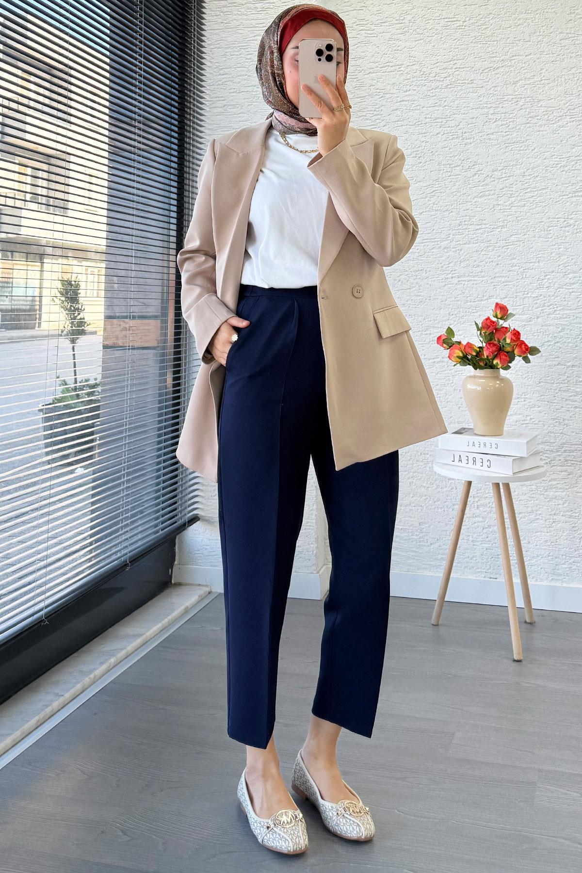 Yan Dikiş Detaylı Slim Fit Kadın Blazer Ceket – Bej