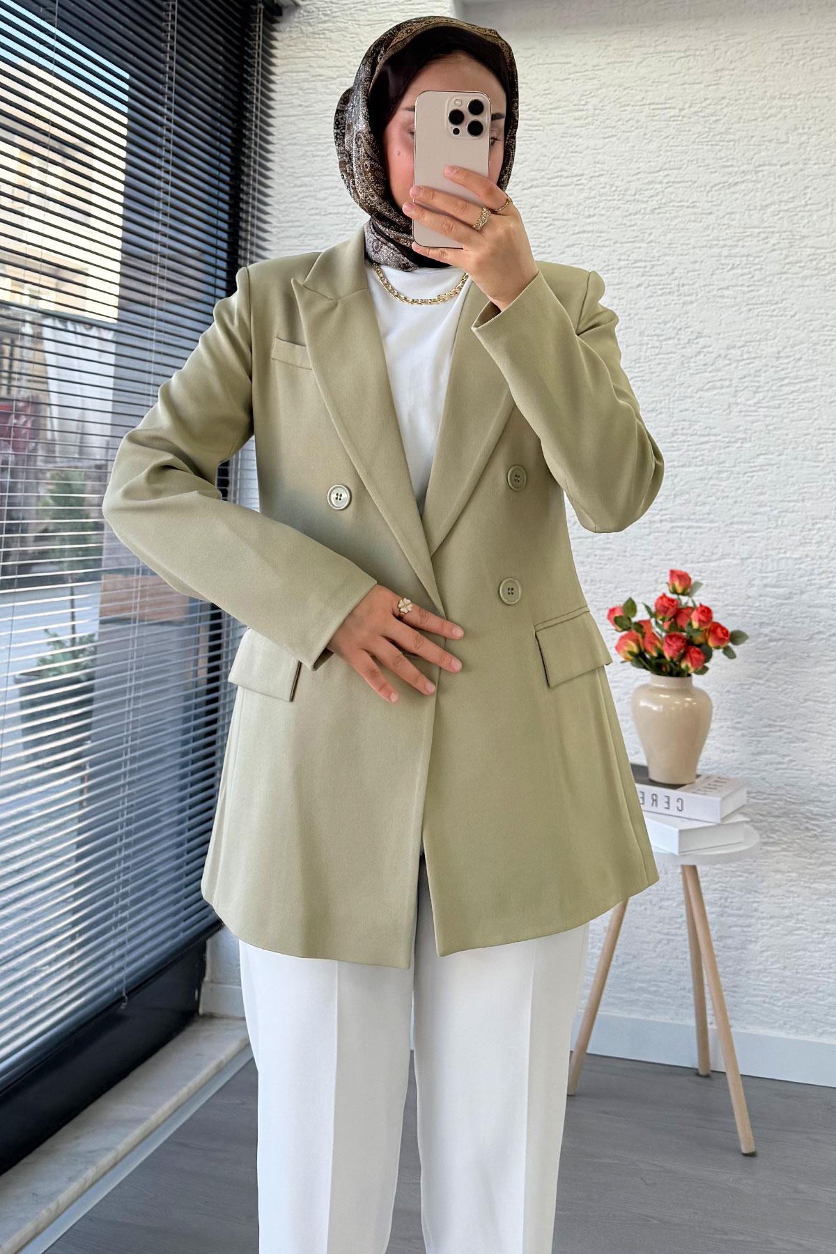 Yan Dikiş Detaylı Slim Fit Kadın Blazer Ceket – Haki