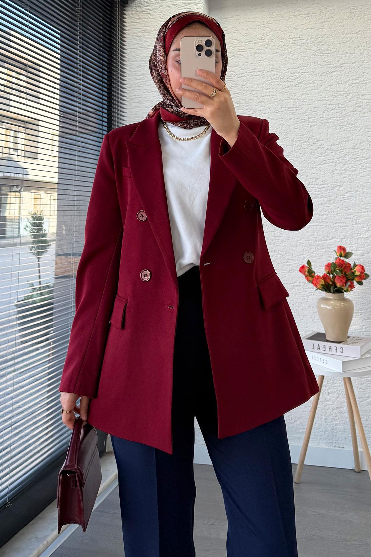 Yan Dikiş Detaylı Slim Fit Kadın Blazer Ceket – Bordo