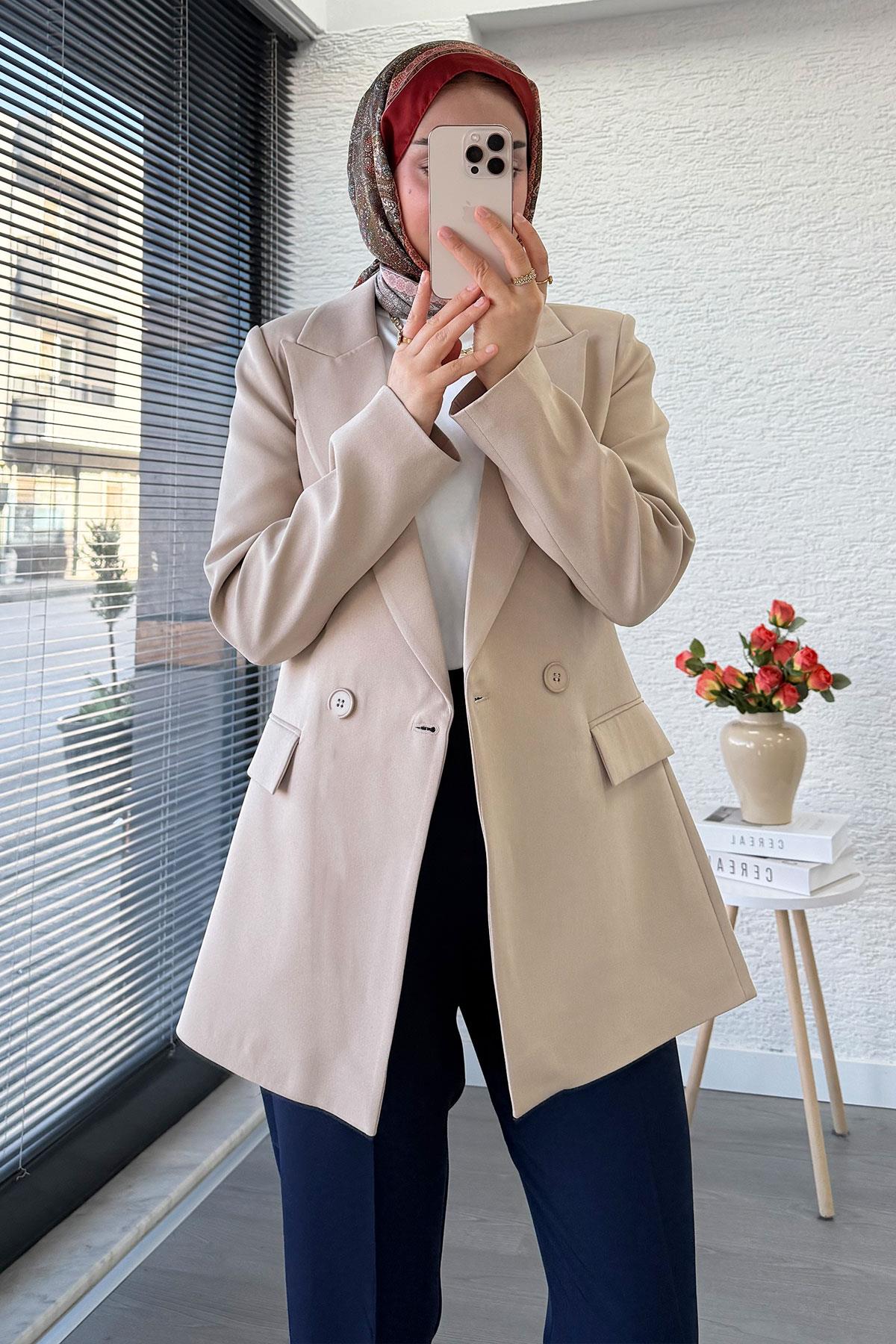 Yan Dikiş Detaylı Slim Fit Kadın Blazer Ceket – Bej