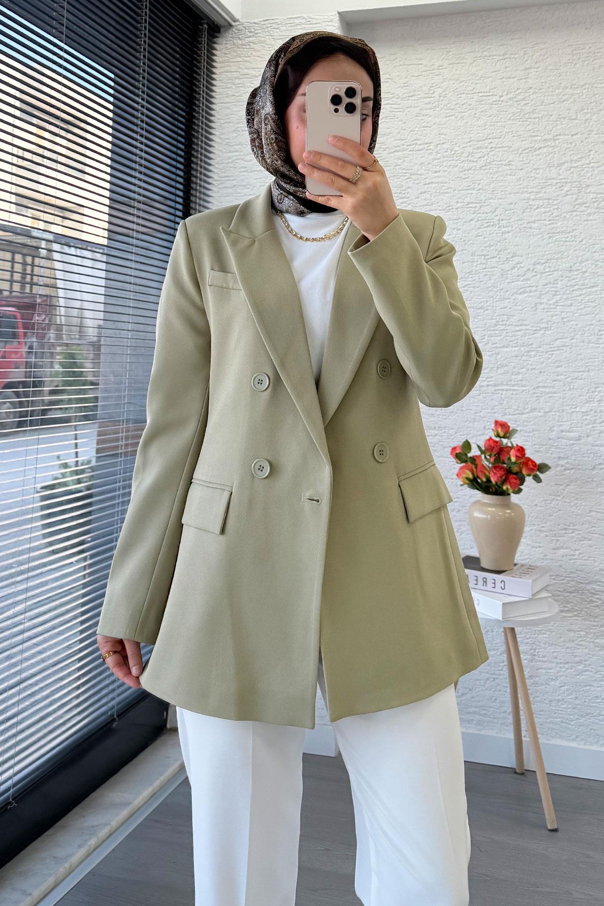 Yan Dikiş Detaylı Slim Fit Kadın Blazer Ceket – Haki