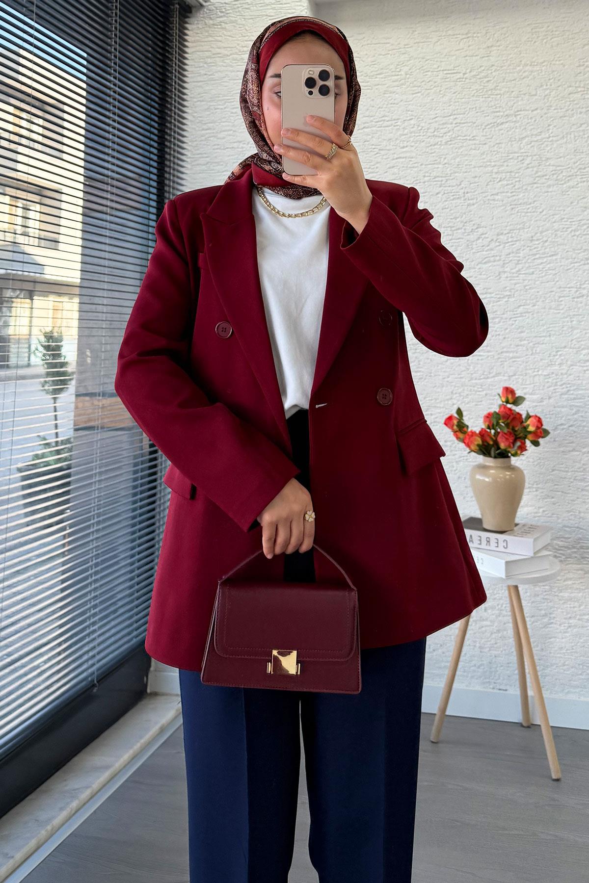 Yan Dikiş Detaylı Slim Fit Kadın Blazer Ceket – Bordo