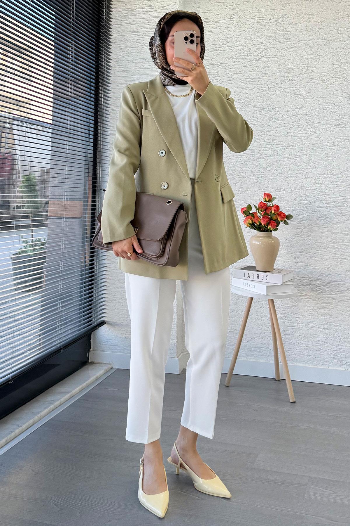 Yan Dikiş Detaylı Slim Fit Kadın Blazer Ceket – Haki