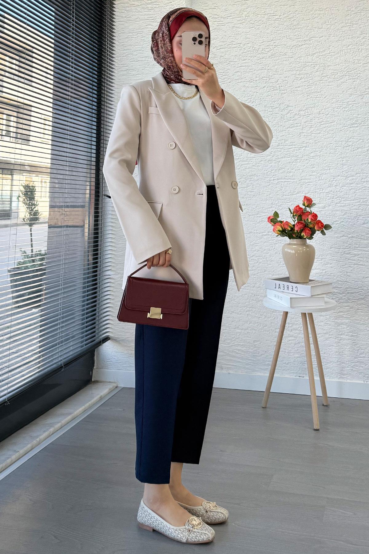 Yan Dikiş Detaylı Slim Fit Kadın Blazer Ceket – Taş