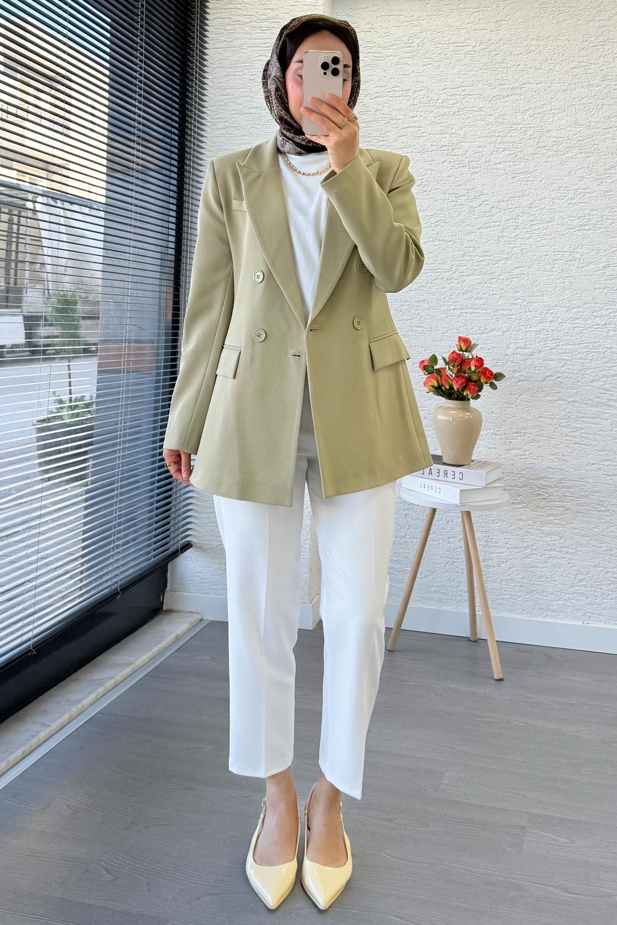 Yan Dikiş Detaylı Slim Fit Kadın Blazer Ceket – Haki