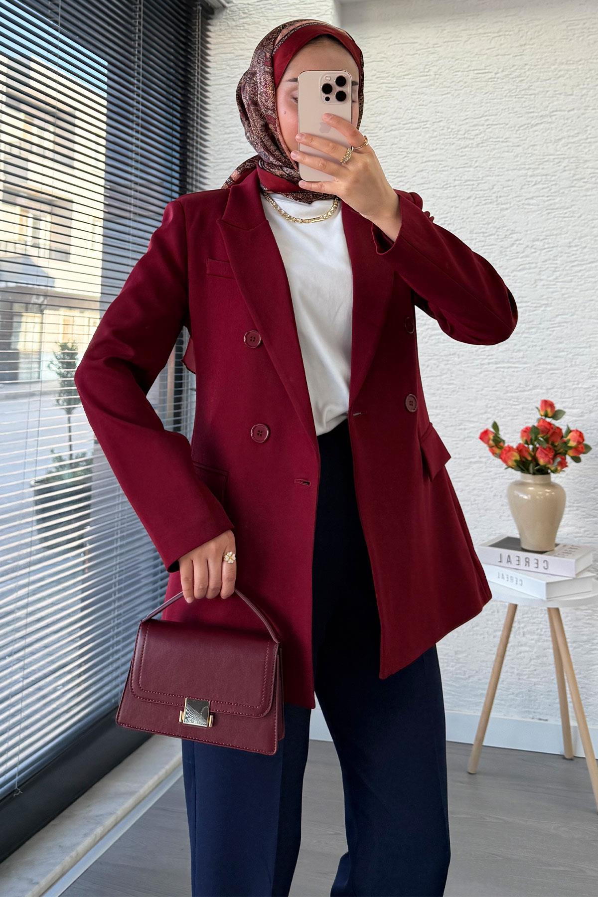 Yan Dikiş Detaylı Slim Fit Kadın Blazer Ceket – Bordo
