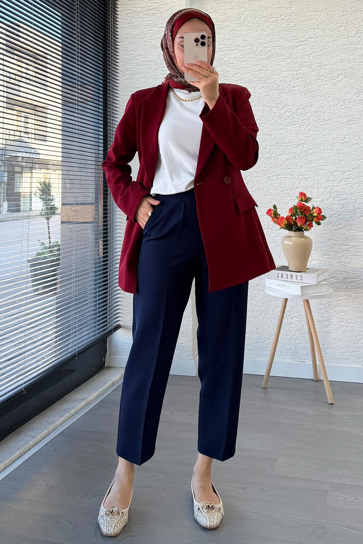 Yan Dikiş Detaylı Slim Fit Kadın Blazer Ceket – Bordo