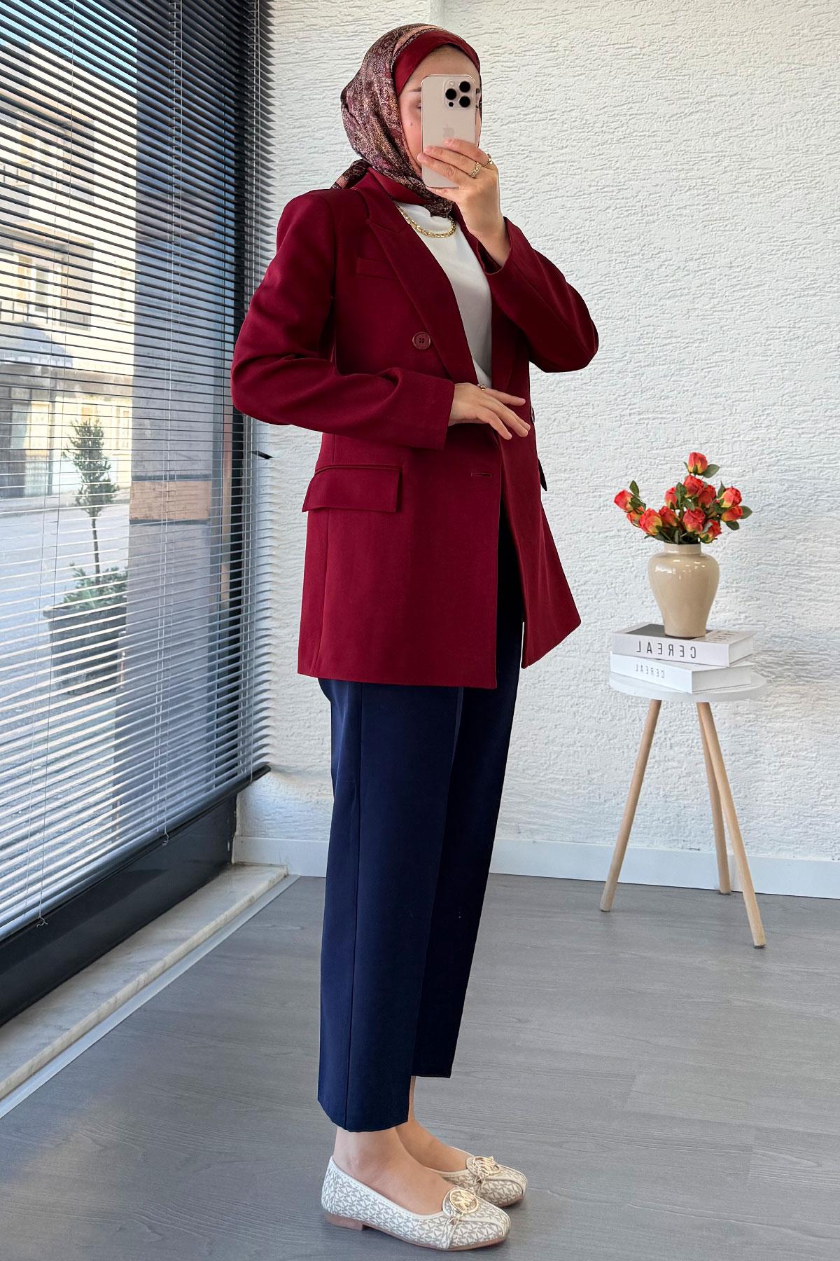 Yan Dikiş Detaylı Slim Fit Kadın Blazer Ceket – Bordo