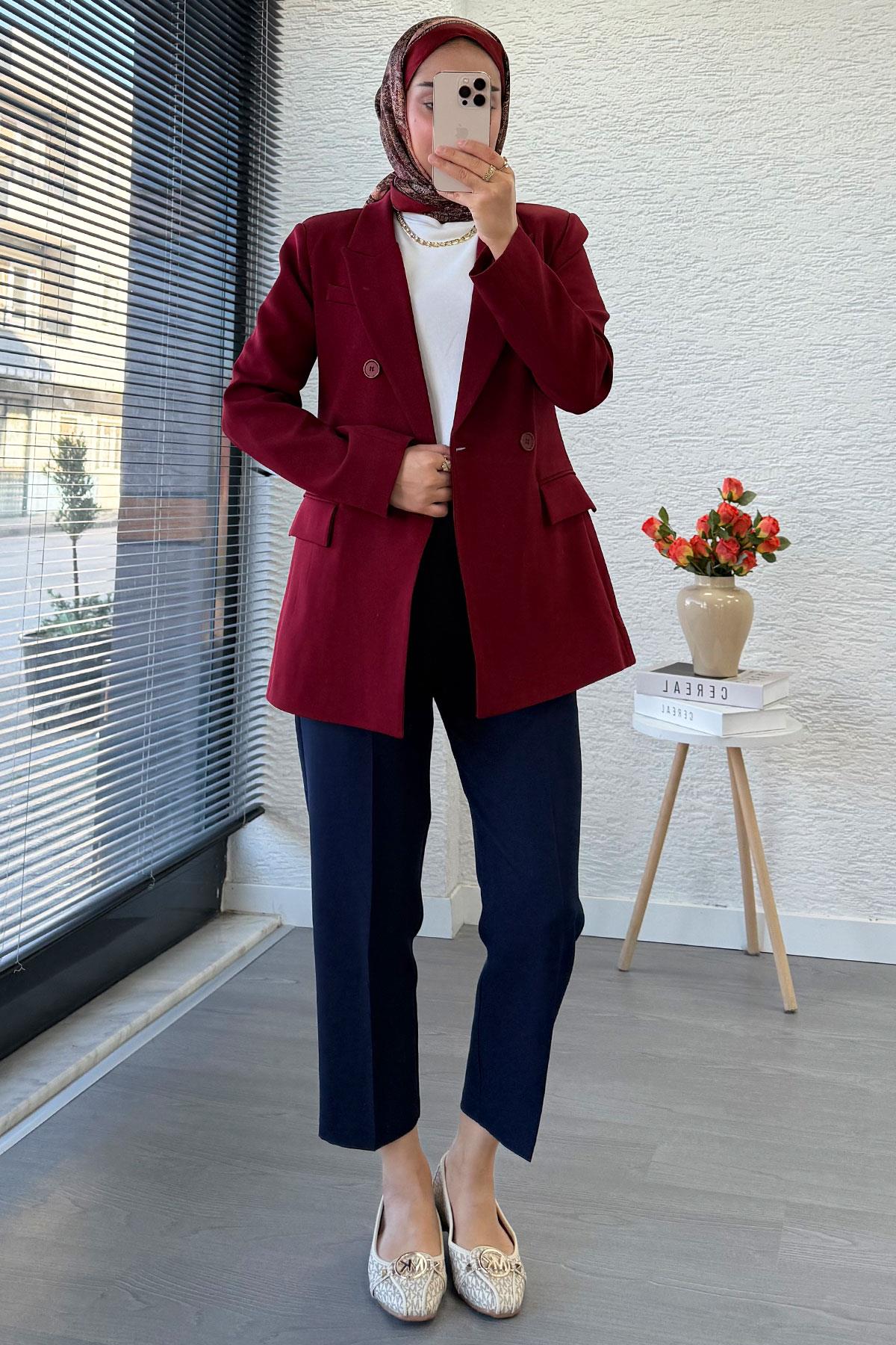 Yan Dikiş Detaylı Slim Fit Kadın Blazer Ceket – Bordo