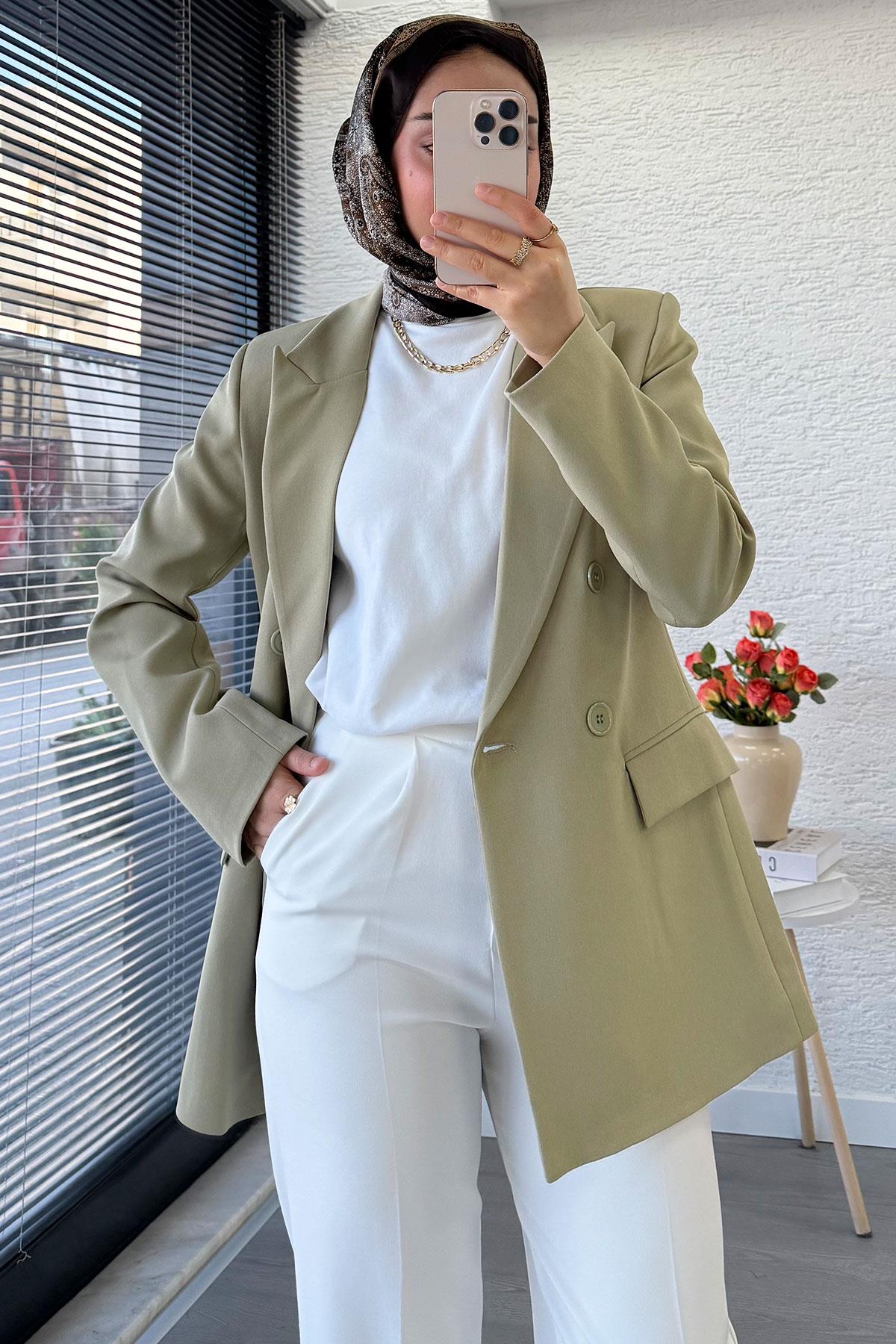 Yan Dikiş Detaylı Slim Fit Kadın Blazer Ceket – Haki
