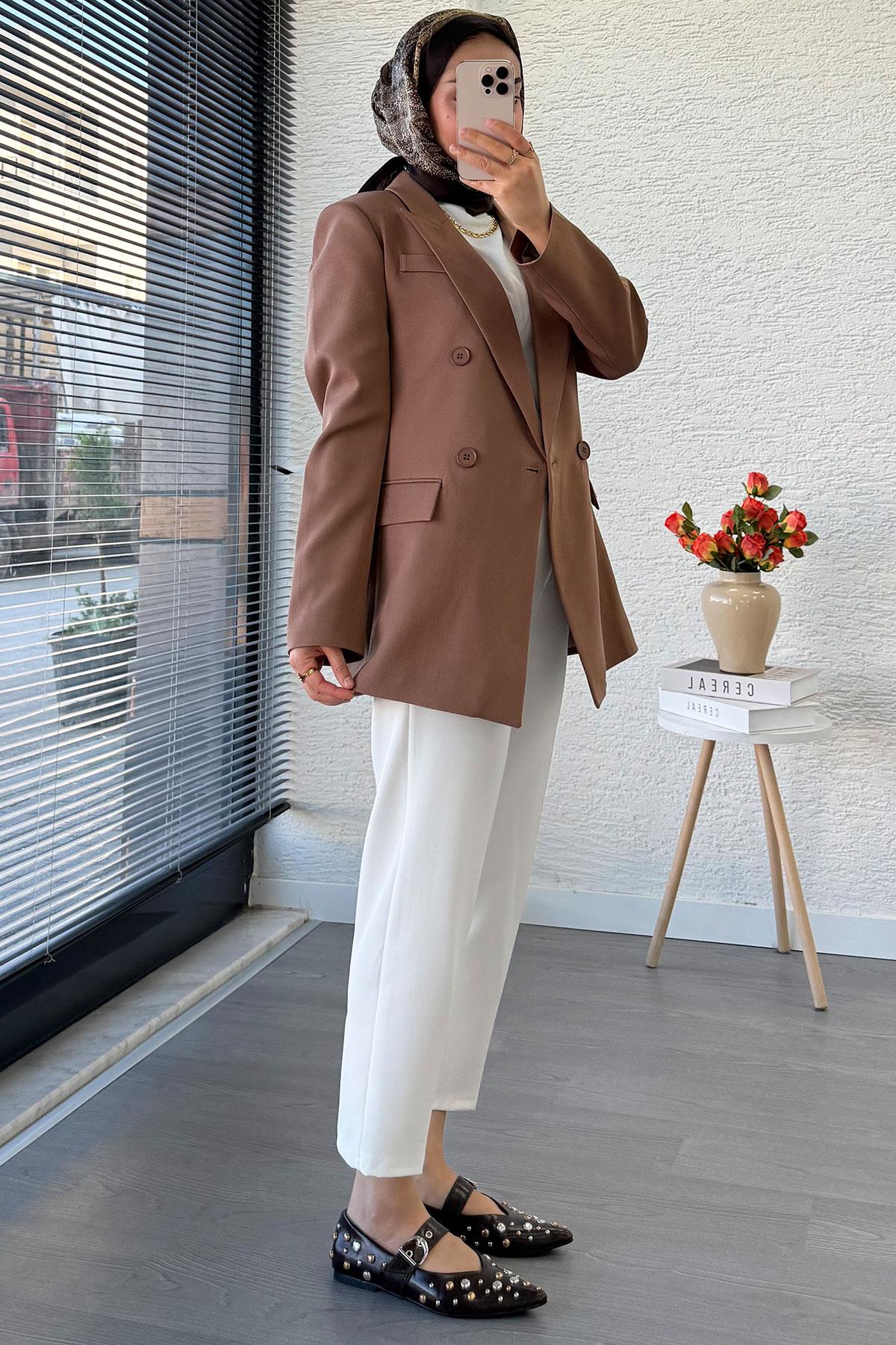 Yan Dikiş Detaylı Slim Fit Kadın Blazer Ceket – Vizon