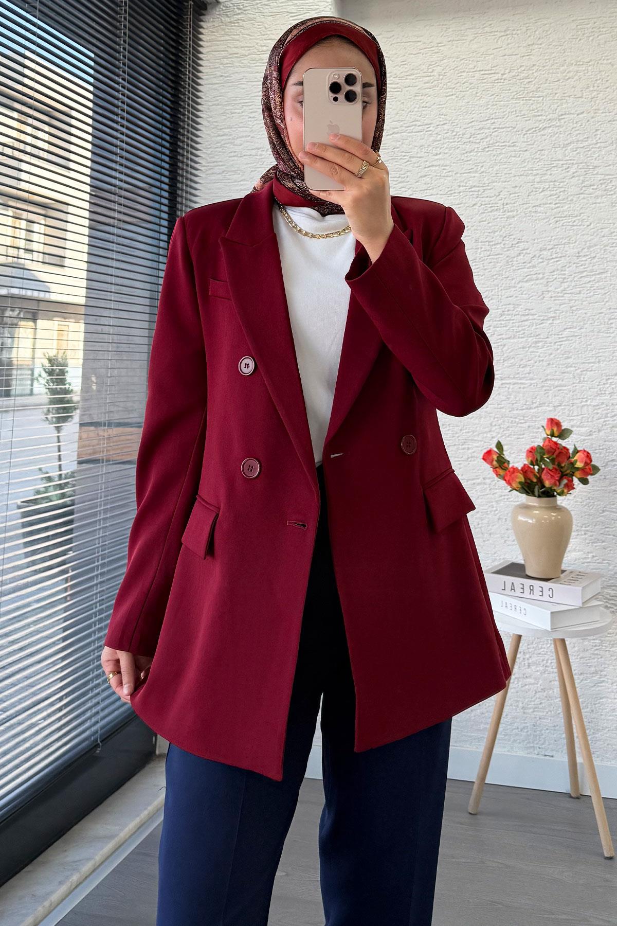 Yan Dikiş Detaylı Slim Fit Kadın Blazer Ceket – Bordo