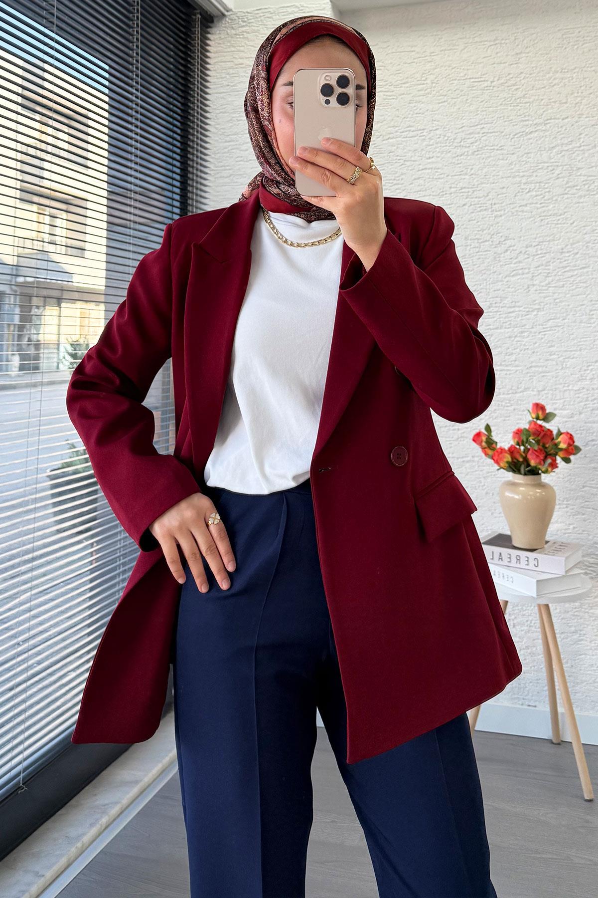 Yan Dikiş Detaylı Slim Fit Kadın Blazer Ceket – Bordo