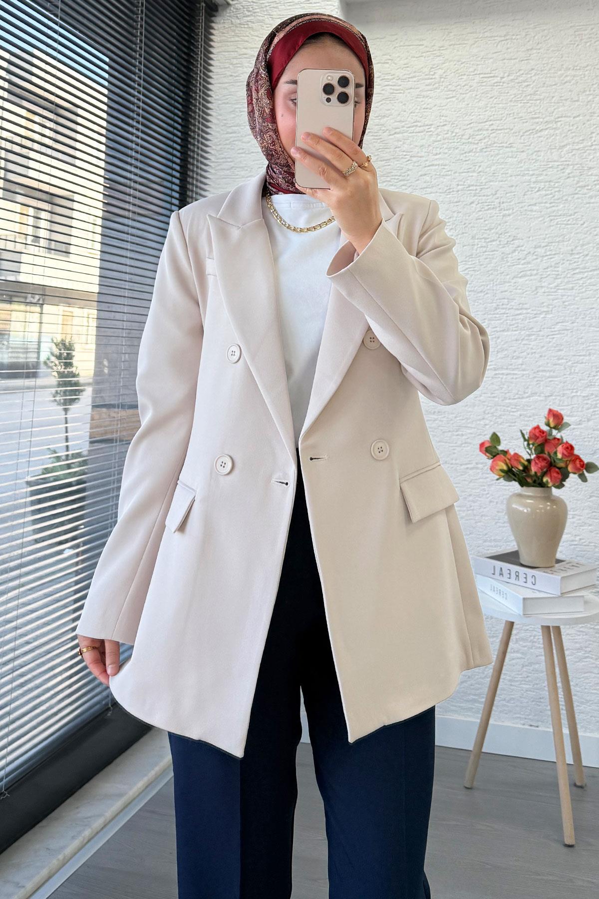 Yan Dikiş Detaylı Slim Fit Kadın Blazer Ceket – Taş