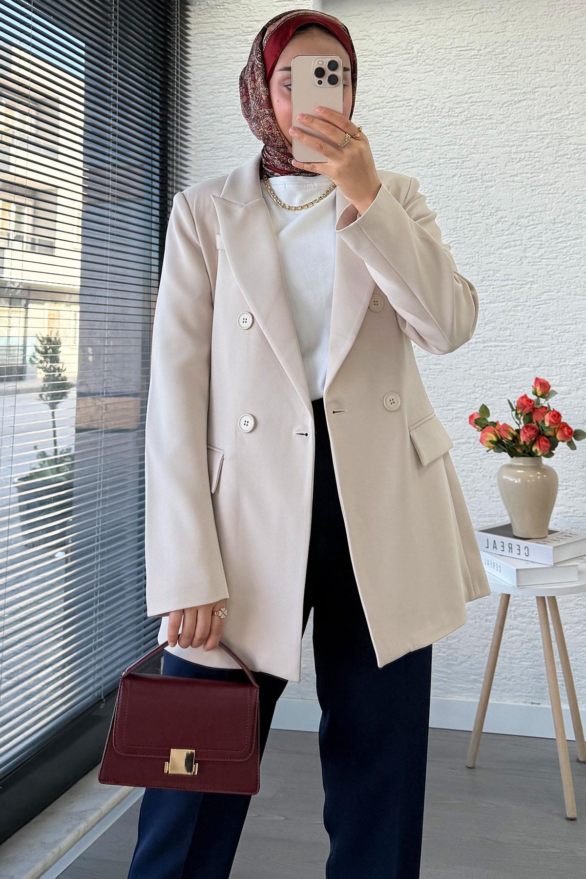 Yan Dikiş Detaylı Slim Fit Kadın Blazer Ceket – Taş